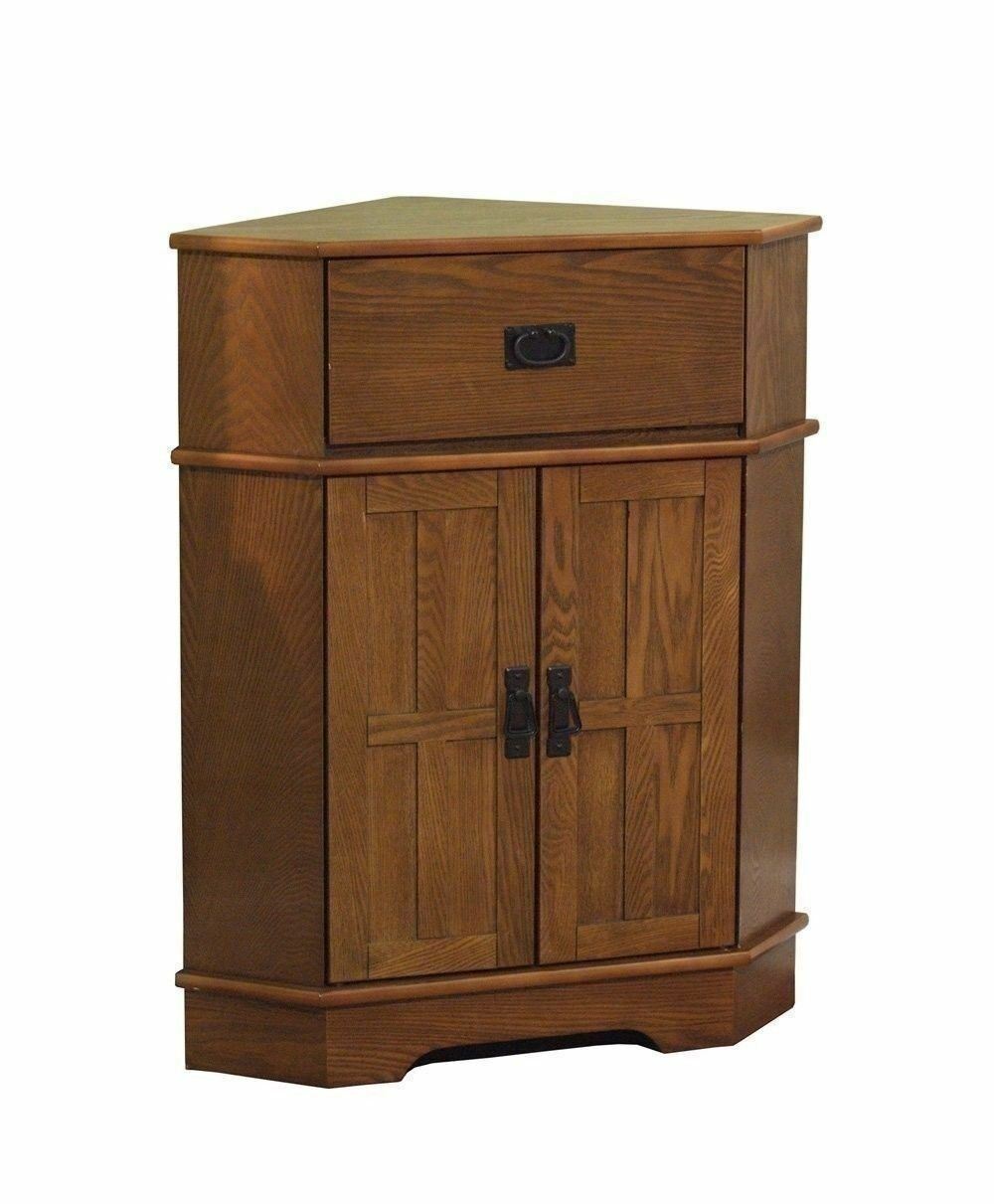 Oak Finish Mission Corner Cabinet Media Organizer Storage Floor Linen Cupboard