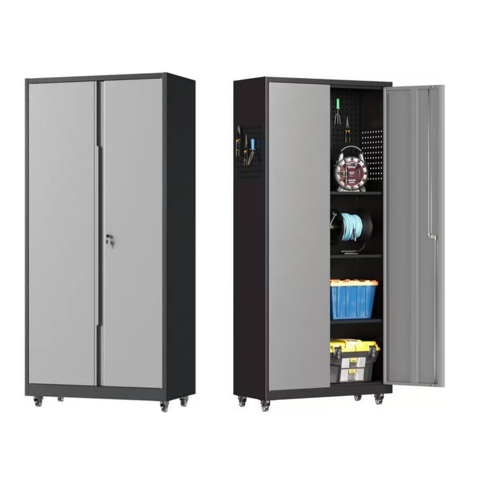Metal Garage Storage Cabinet w/ Pegboard, Rolling Tool Cabinet Workshop Tool Box