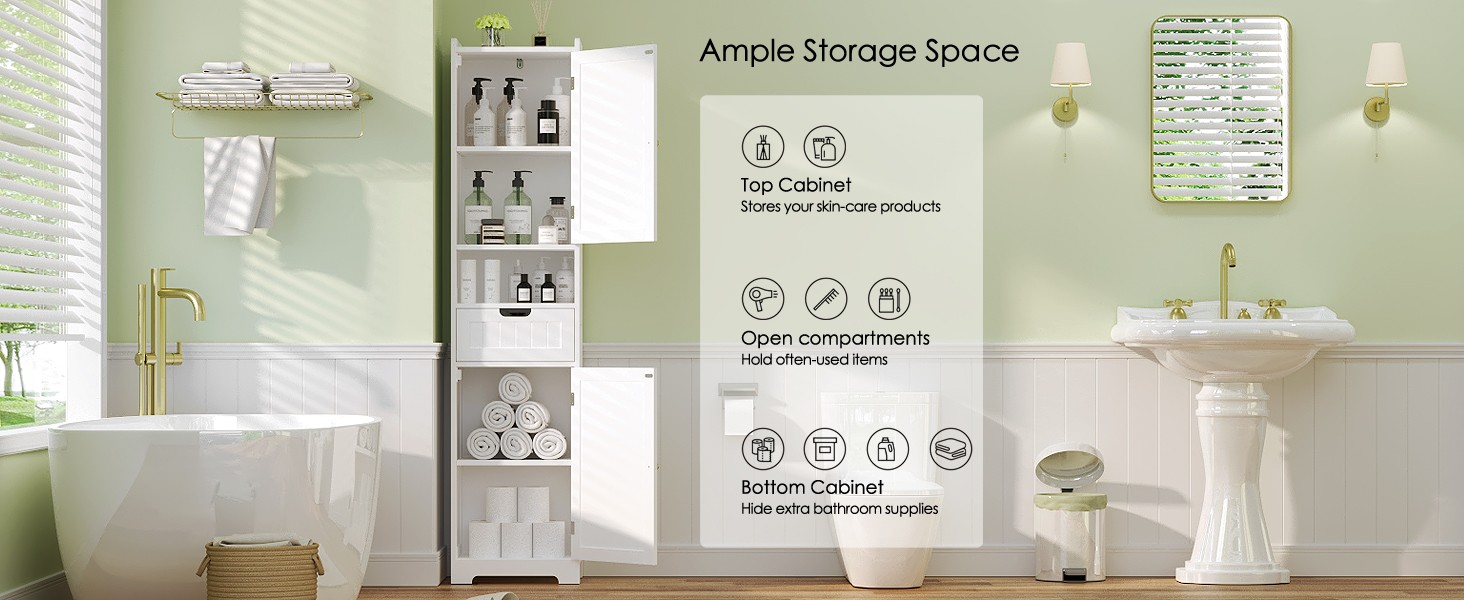 67″ H Tall Bathroom Storage Cabinet, Slim Narrow Organizer with Adjustable