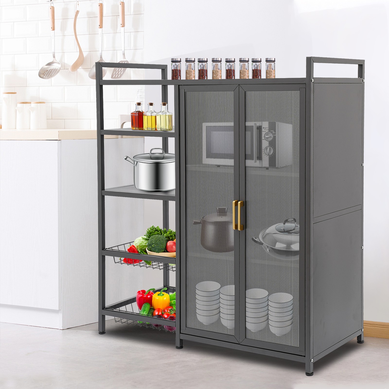 Modern Rattan Accent Storage Buffet Cabinet with 2 Doors 4 Shelf, Console Bar