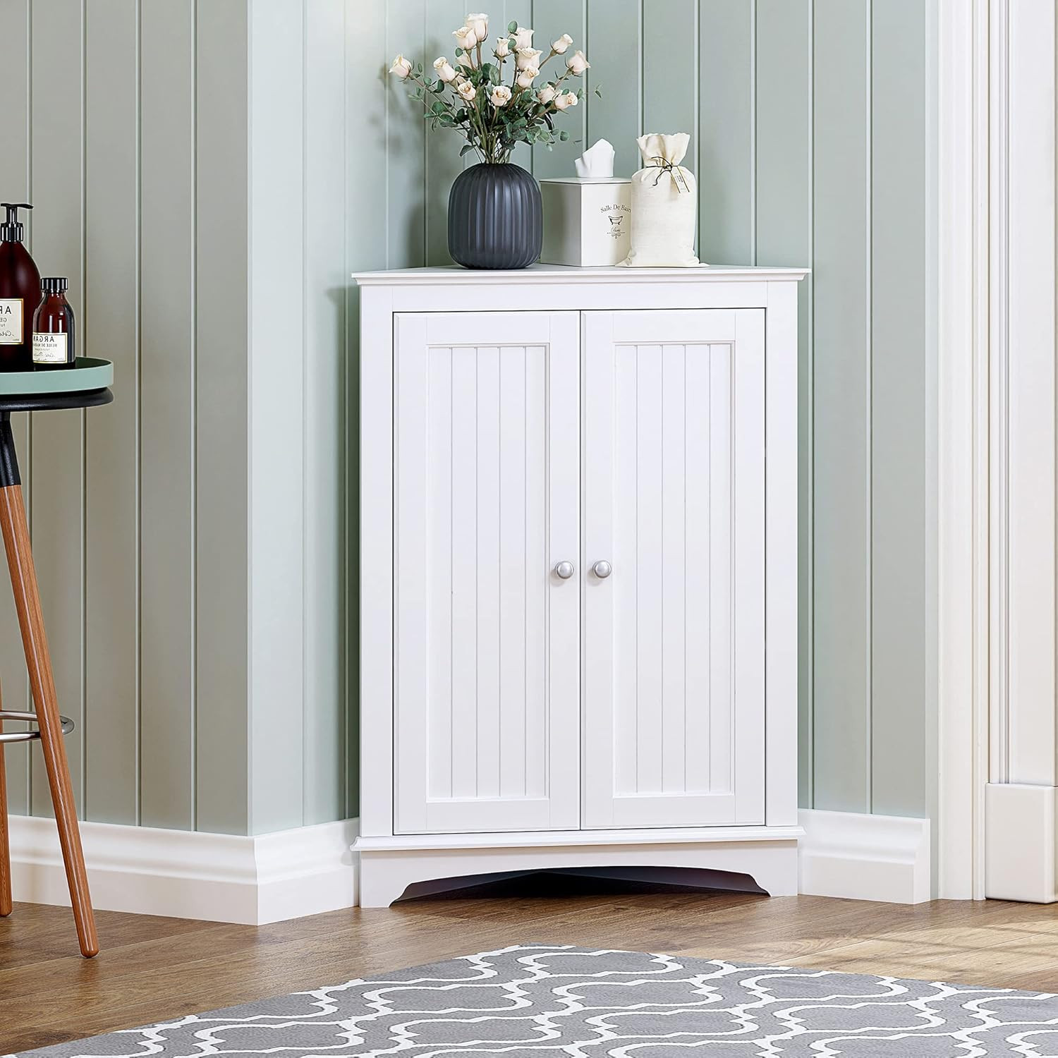 Floor Corner Cabinet with Two Doors and Shelves, Free-Standing Corner Storage Ca