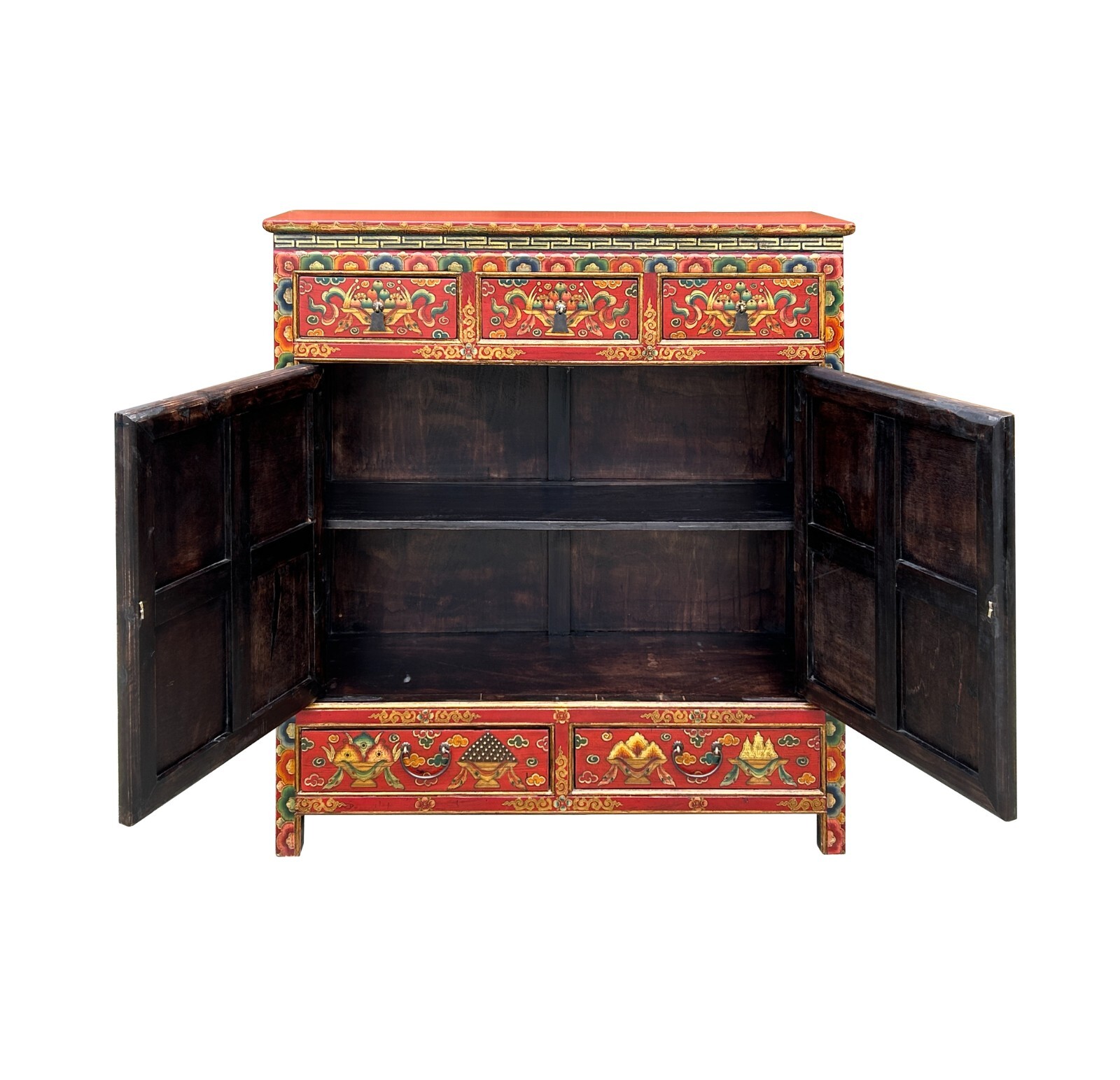 Tibetan Style 8 Auspicious Symbols Graphic Credenza Storage Cabinet ws4623