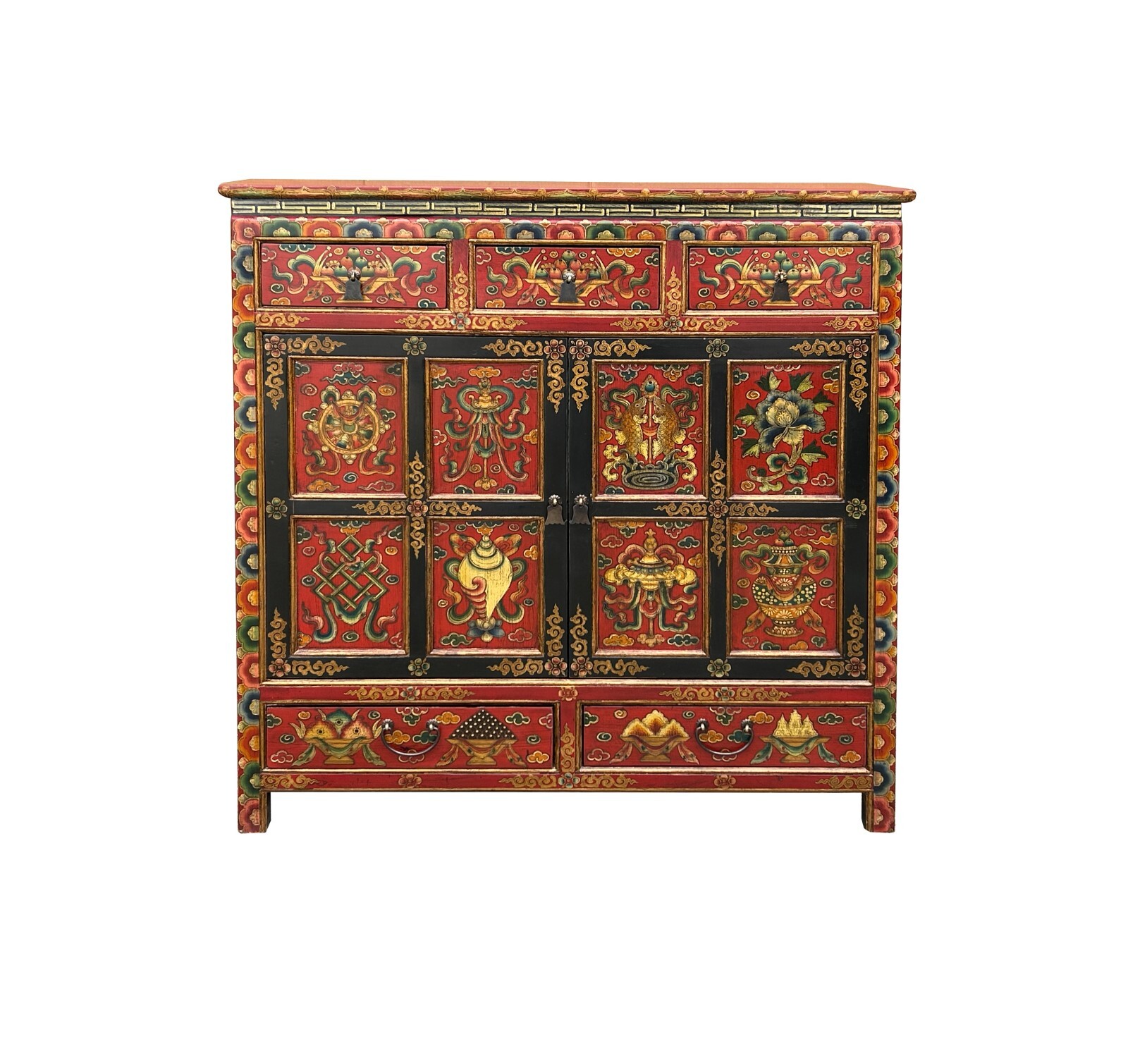 Tibetan Style 8 Auspicious Symbols Graphic Credenza Storage Cabinet ws4623