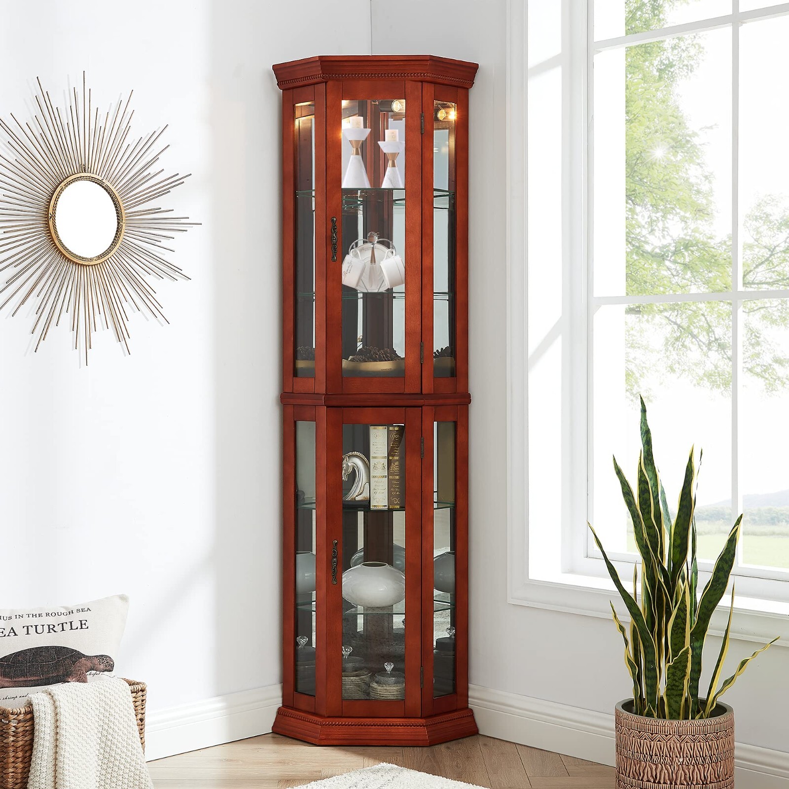 Corner Curio Cabinet w/Lights, Adjustable Tempered Glass Shelves, Mirrored Back