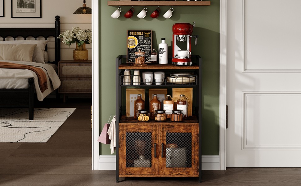 Coffee Bar Cabinet, 3 Tier Coffee Station Table on Wheels, 35.9″ H Bar Cart with