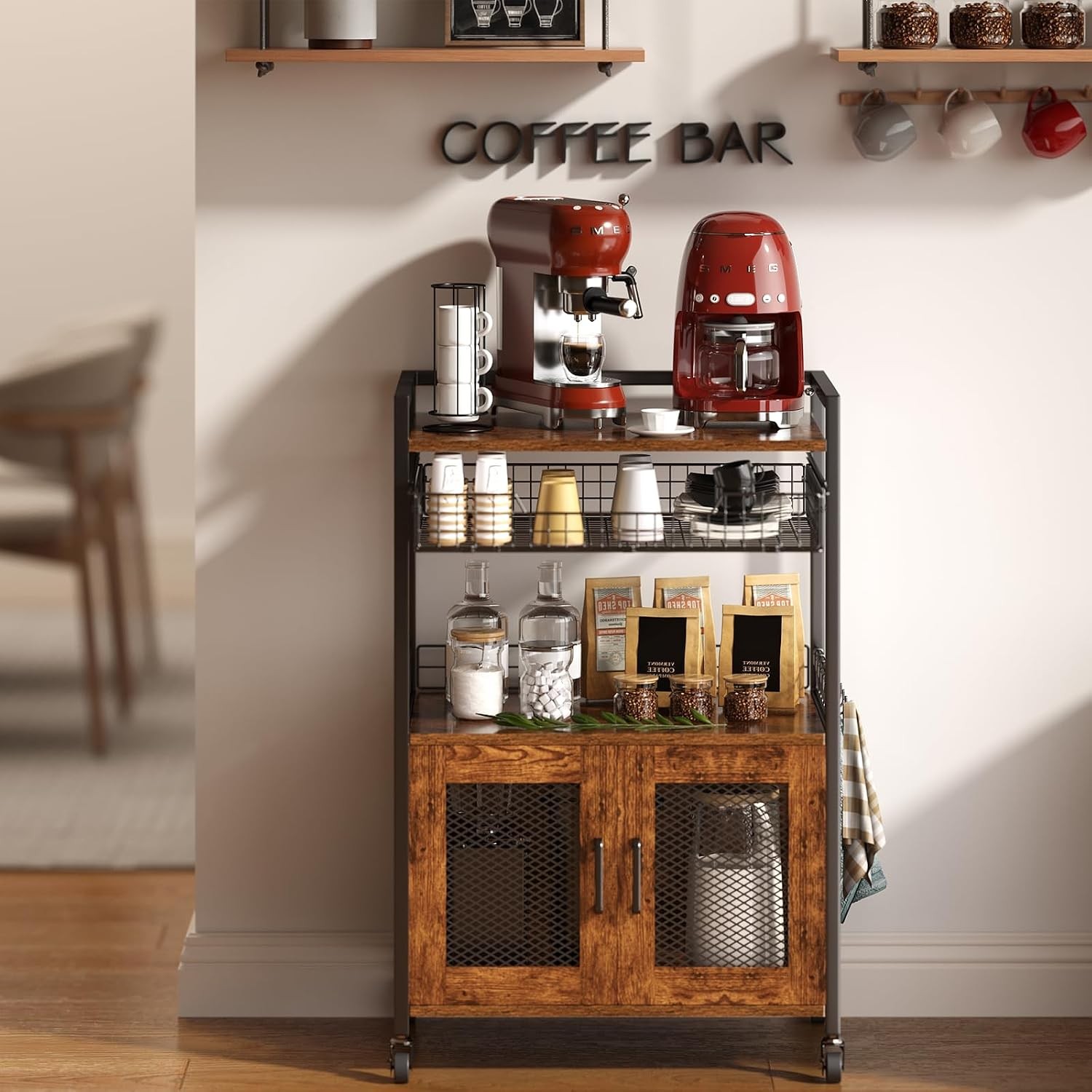 Coffee Bar Cabinet, 3 Tier Coffee Station Table on Wheels, 35.9″ H Bar Cart with