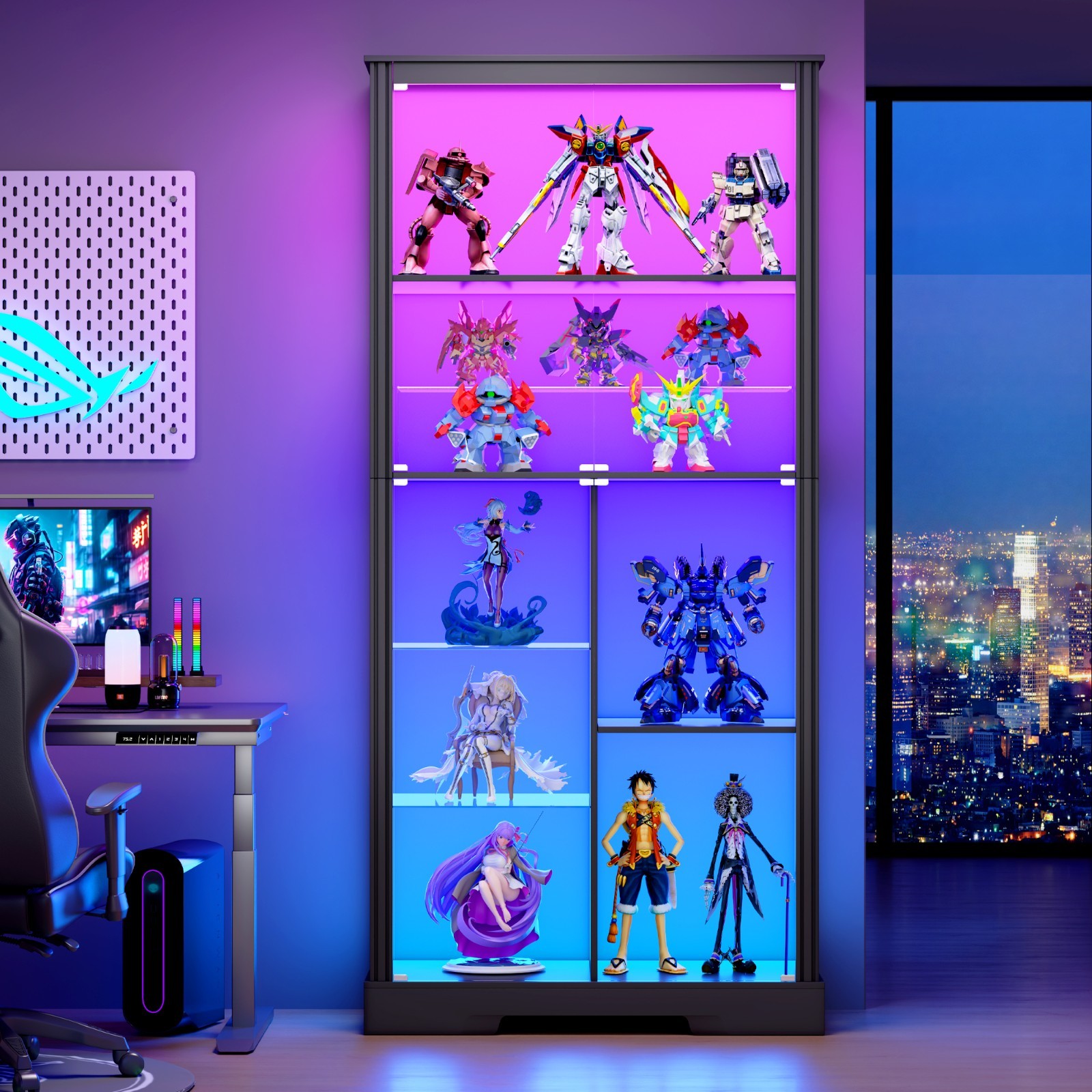 Gurexl Display Cabinet with Glass Doors, Display Case w/ RGB Lights for Figures