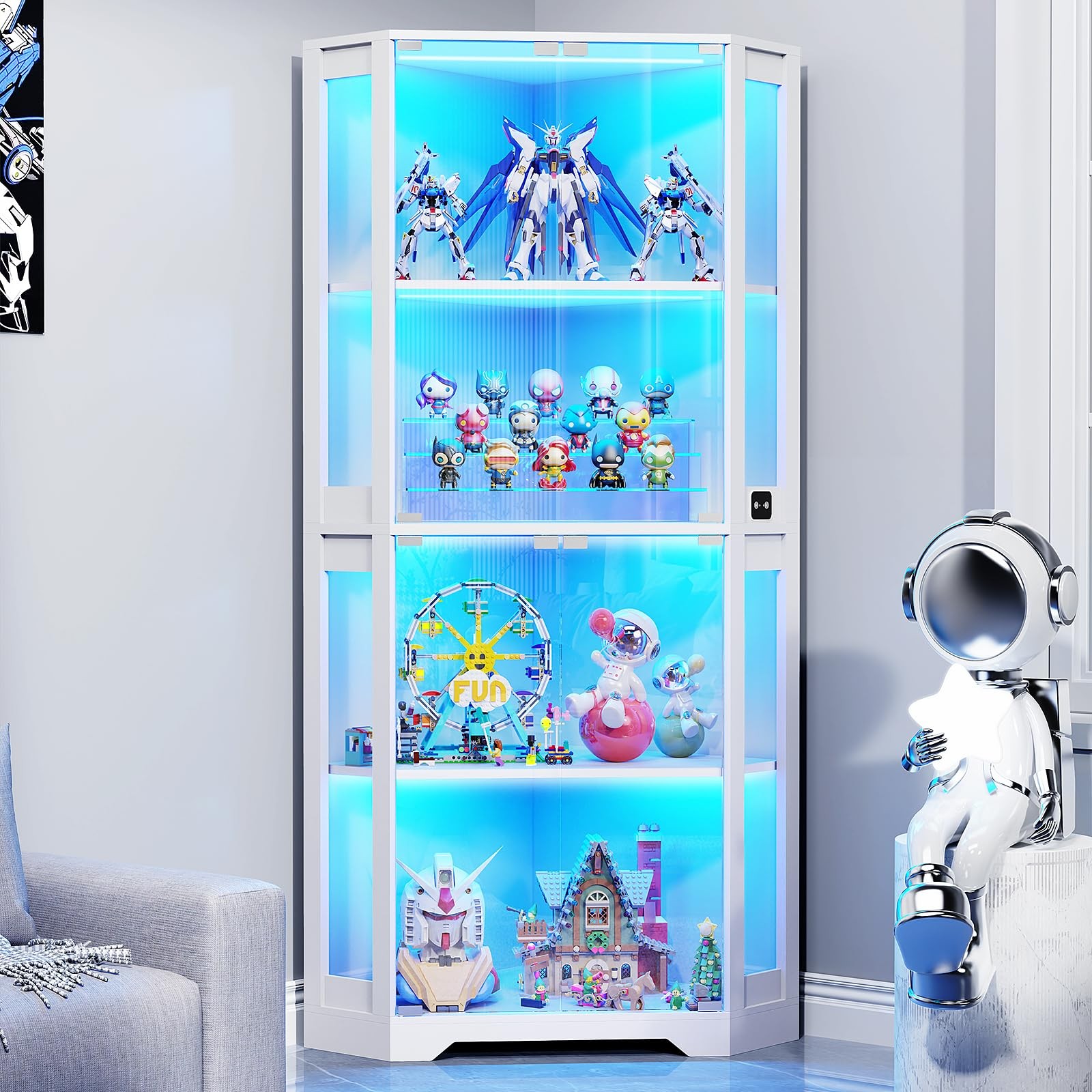 Lighted Corner Display Cabinet with Glass Doors 4-Tier Showcase Display Case