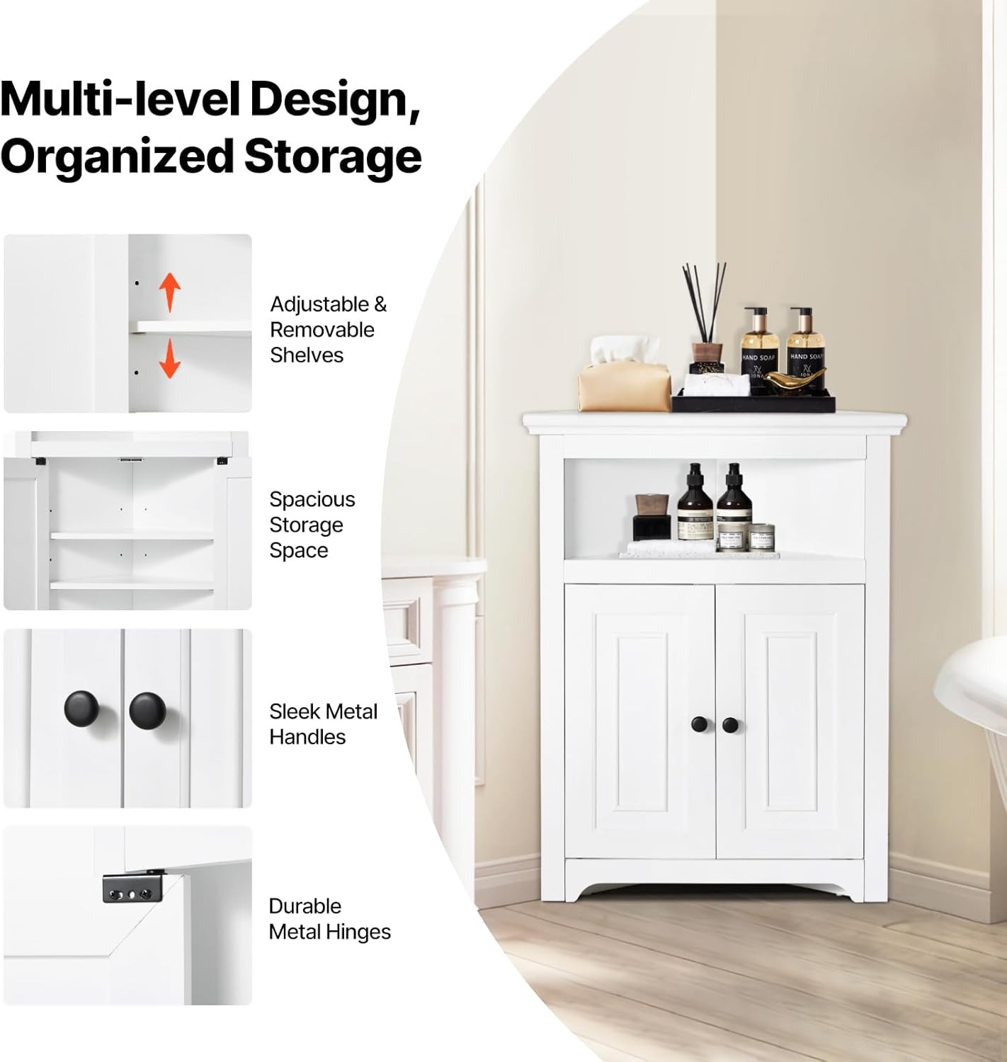32″ Corner Storage Cabinet, 3 Tiers Small Storage Cabinet with 2 Wooden Doors