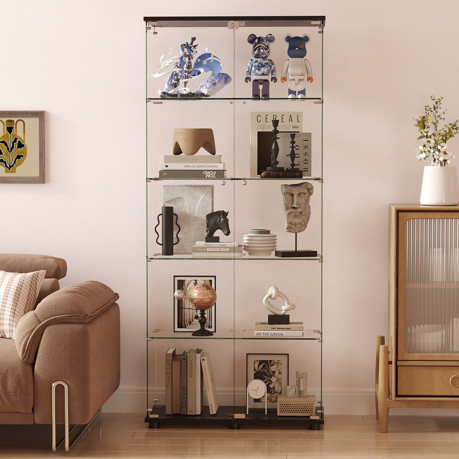 5-Shelf Glass Display Cabinet Lock Black 72x32x14 in