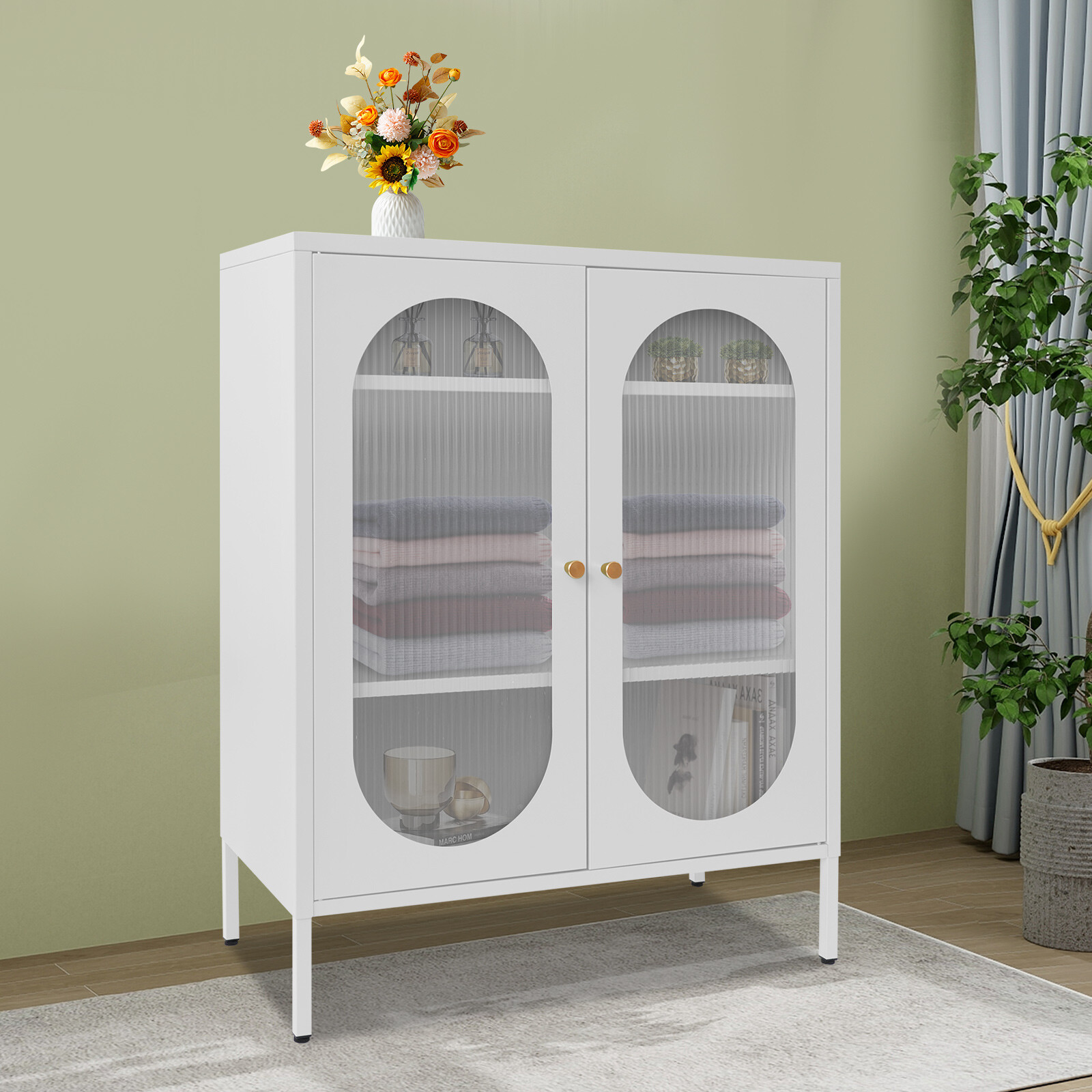 Accent Display Storage Cabinet w /2 Glass Door for Living Room White 80*40*102cm