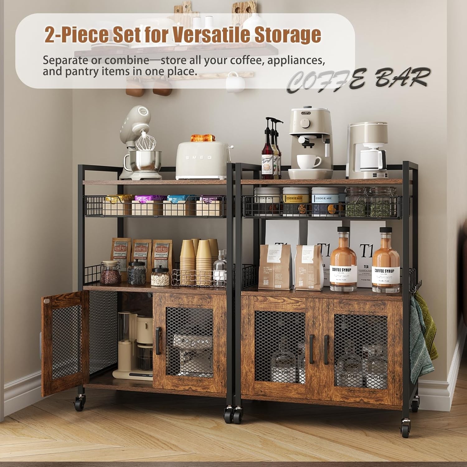 Coffee Bar Cabinet, 3 Tier Coffee Station Table on Wheels, 35.9″ H Bar Cart with