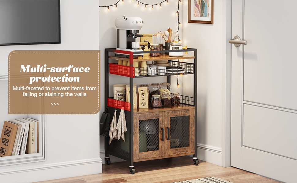 Coffee Bar Cabinet, 3 Tier Coffee Station Table on Wheels, 35.9″ H Bar Cart with