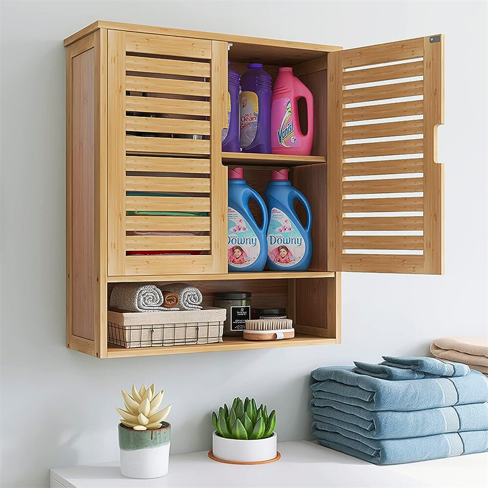 Bamboo 2Door Bathroom Wall Cabinet Cupboard Kitchen Office Shed Lockable Storage