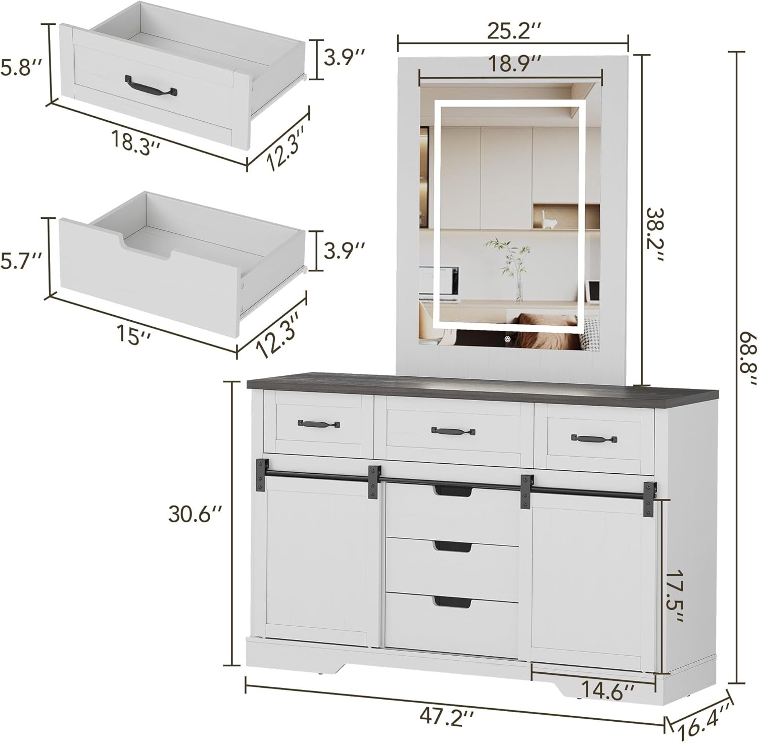 Sideboard Cabinet Farmhouse 47.2 Inch LED Mirror 6 Drawers Coffee Bar Buffet Set