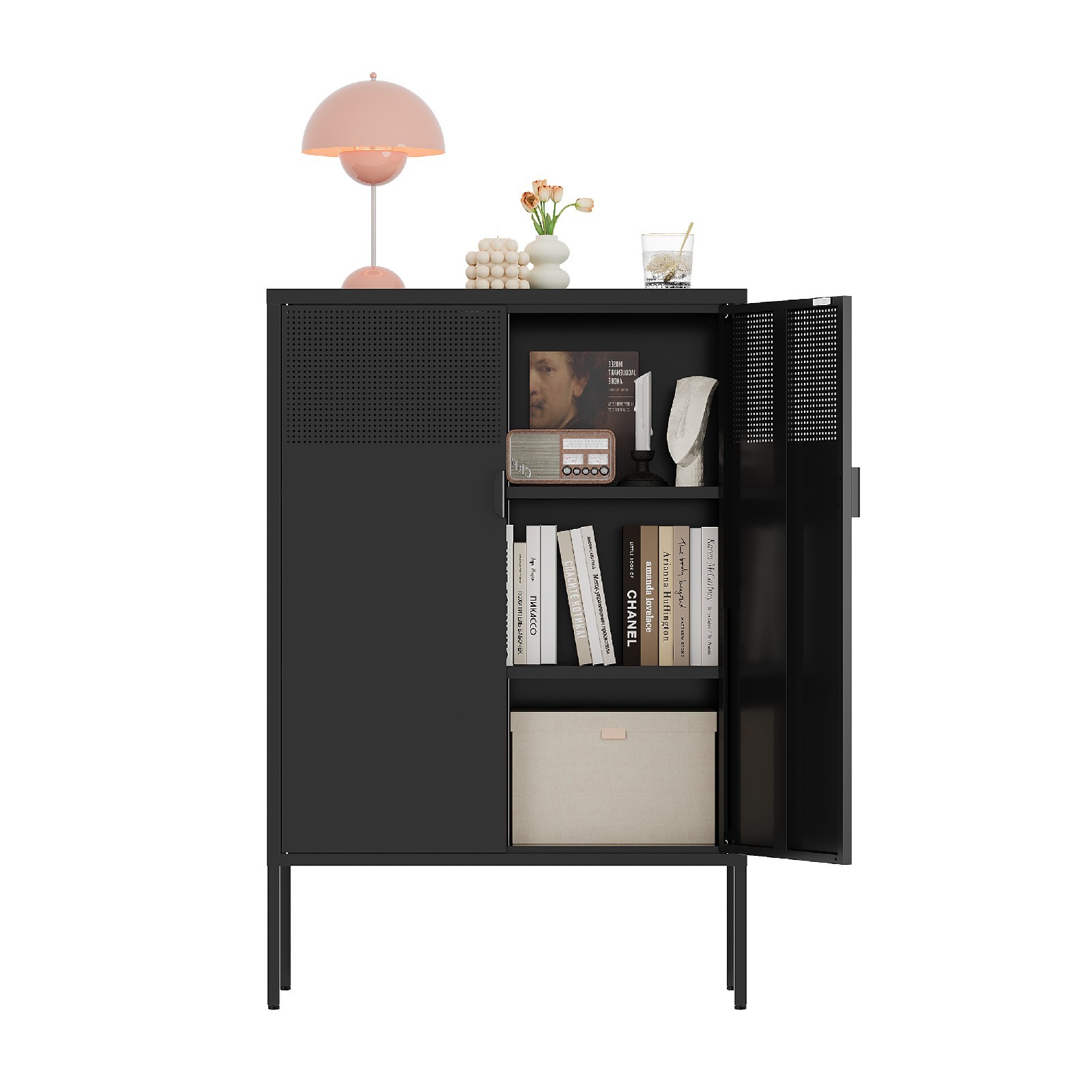 Black Metal Storage Cabinet,2 Door TV Stand, Metal Mesh Accent Cabinet