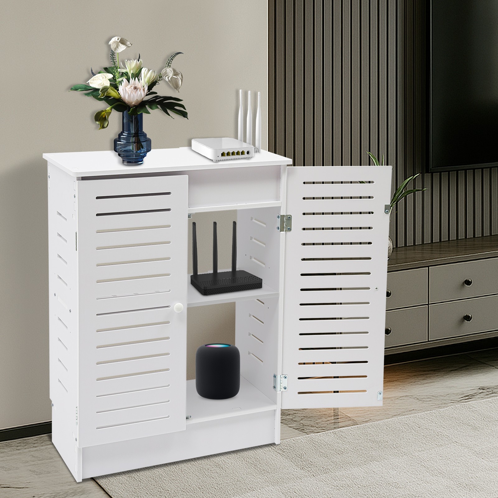 50*25*70cm Router Storage Cabinet White Floor Standing Router Storage Box