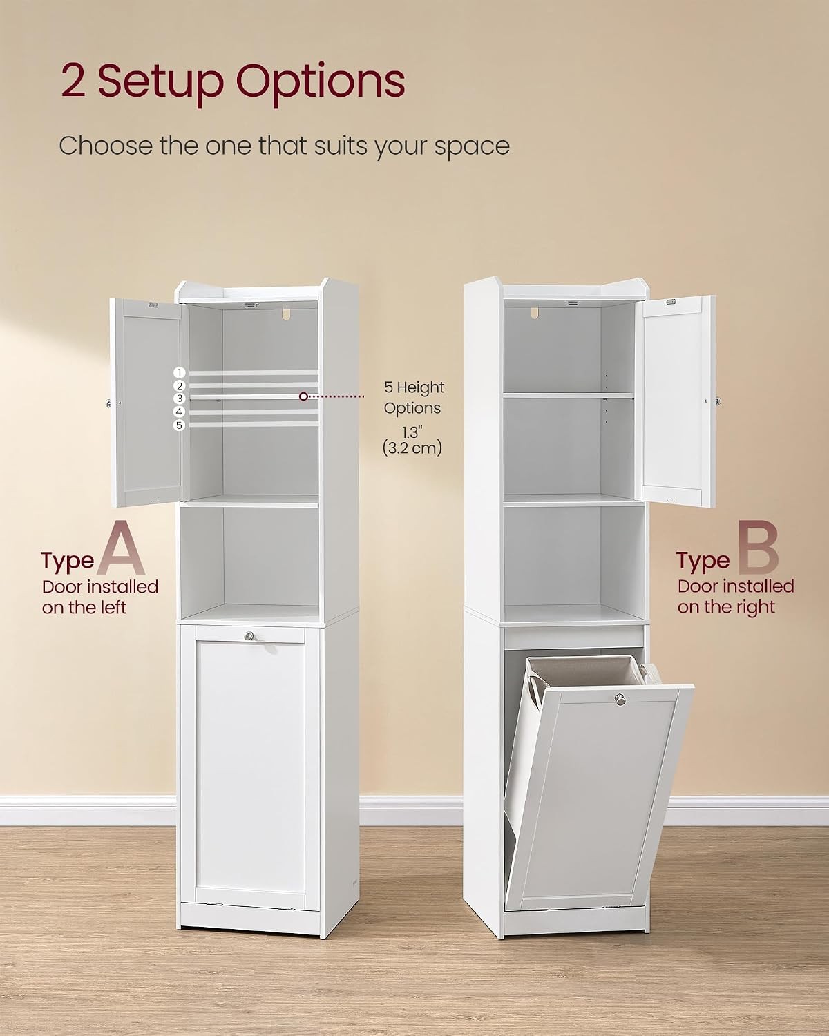 Tall Storage Cabinet, Storage Unit with Removable Laundry Basket, Compartment