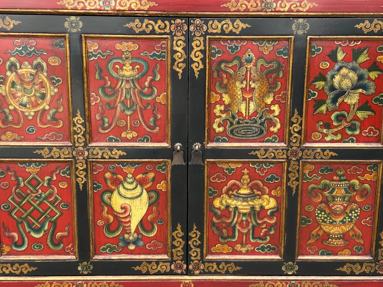 Tibetan Style 8 Auspicious Symbols Graphic Credenza Storage Cabinet ws4623