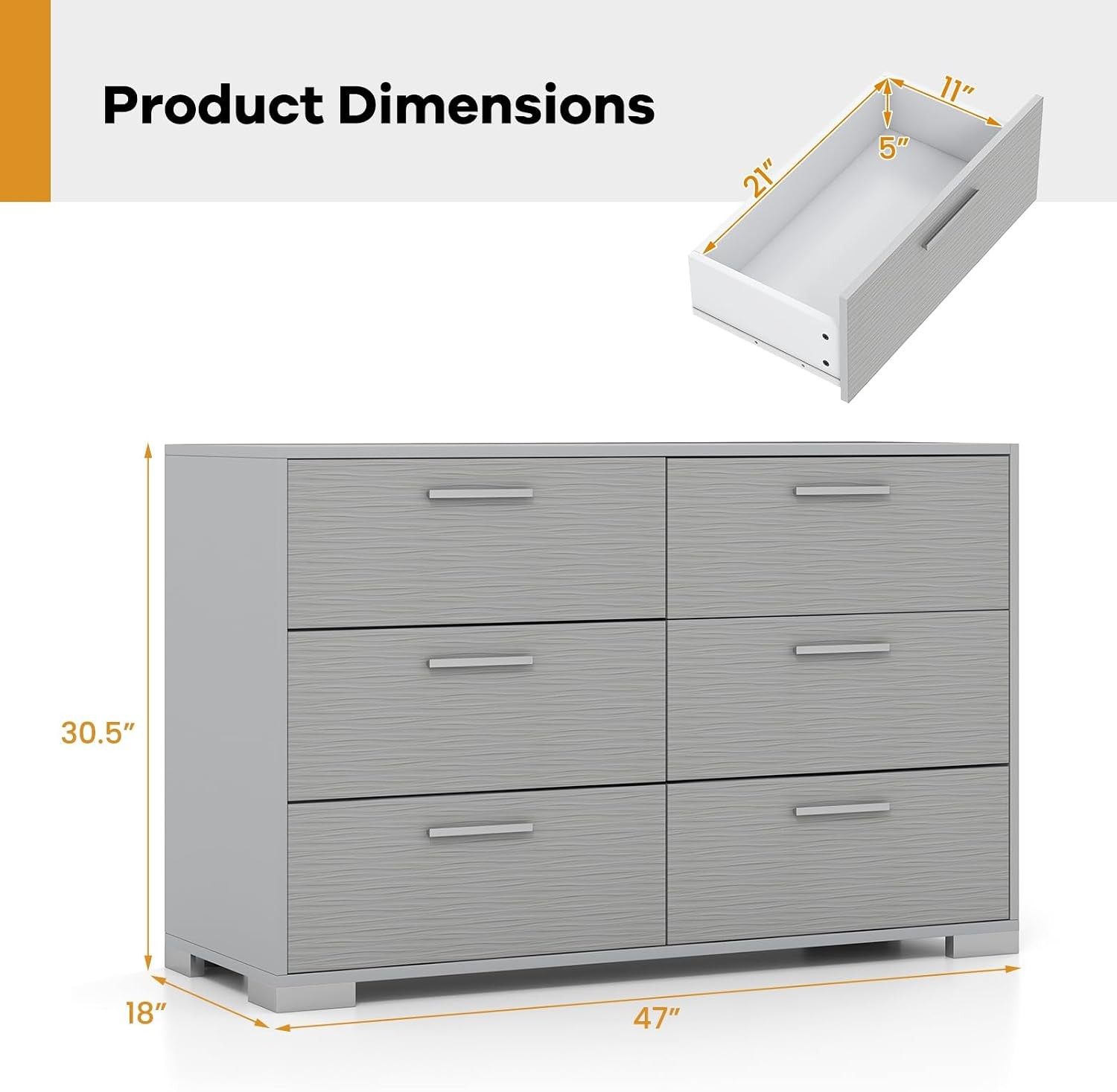 Storage Cabinet with 6 Drawers Metal Legs & Handles Anti-Toppling Devices Wide