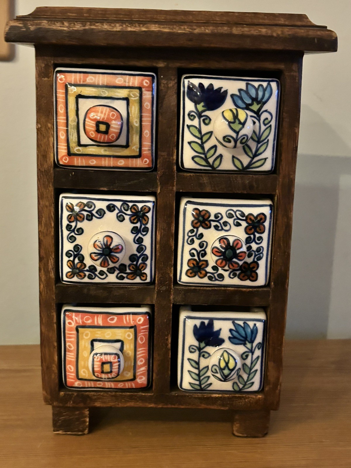 Vintage Pier 1 Apothecary Wooden Cabinet With 6 Ceramic Drawers