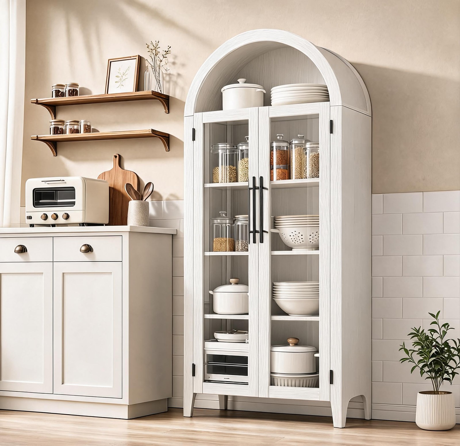 Arched Kitchen Pantry Storage Cabinet 5-Tier Display Shelf with 2 Glass Doors