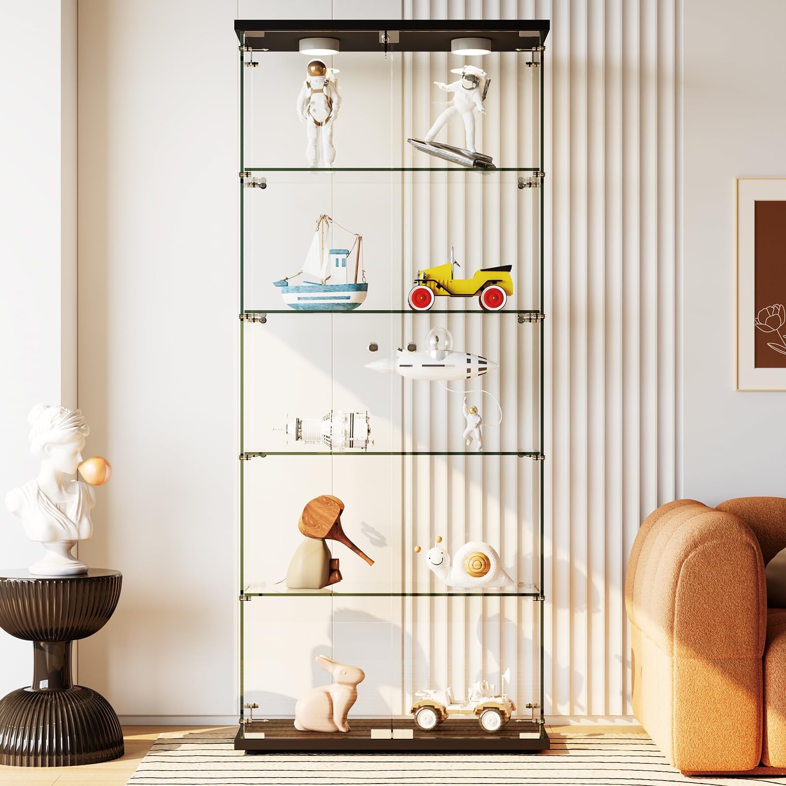 Tempered Glass Display Cabinet ,5 Tier Lockable Curio Showcase Display Cabinet