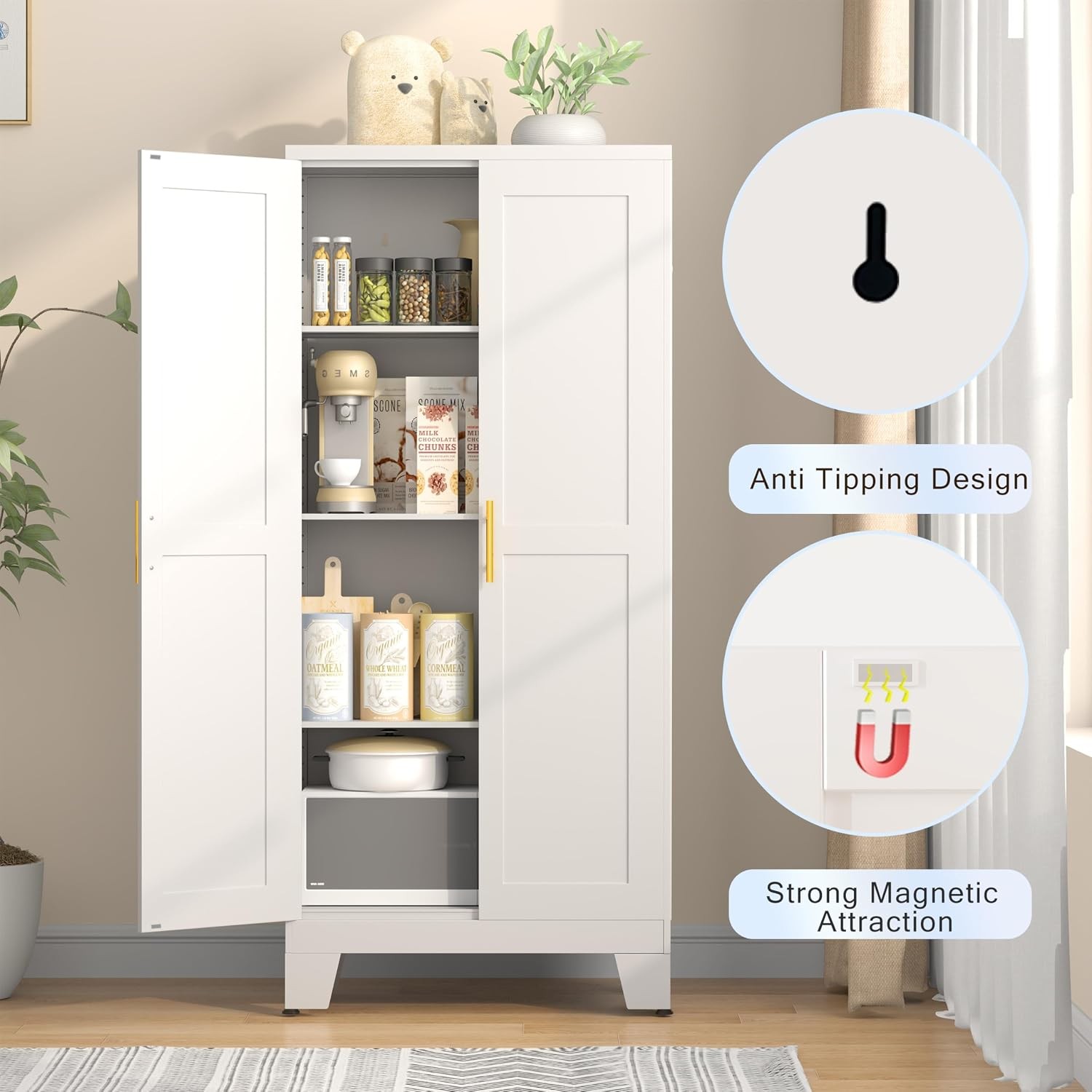 61.02″ Metal Pantry Cabinet White Kitchen Pantry Storage Cabinets