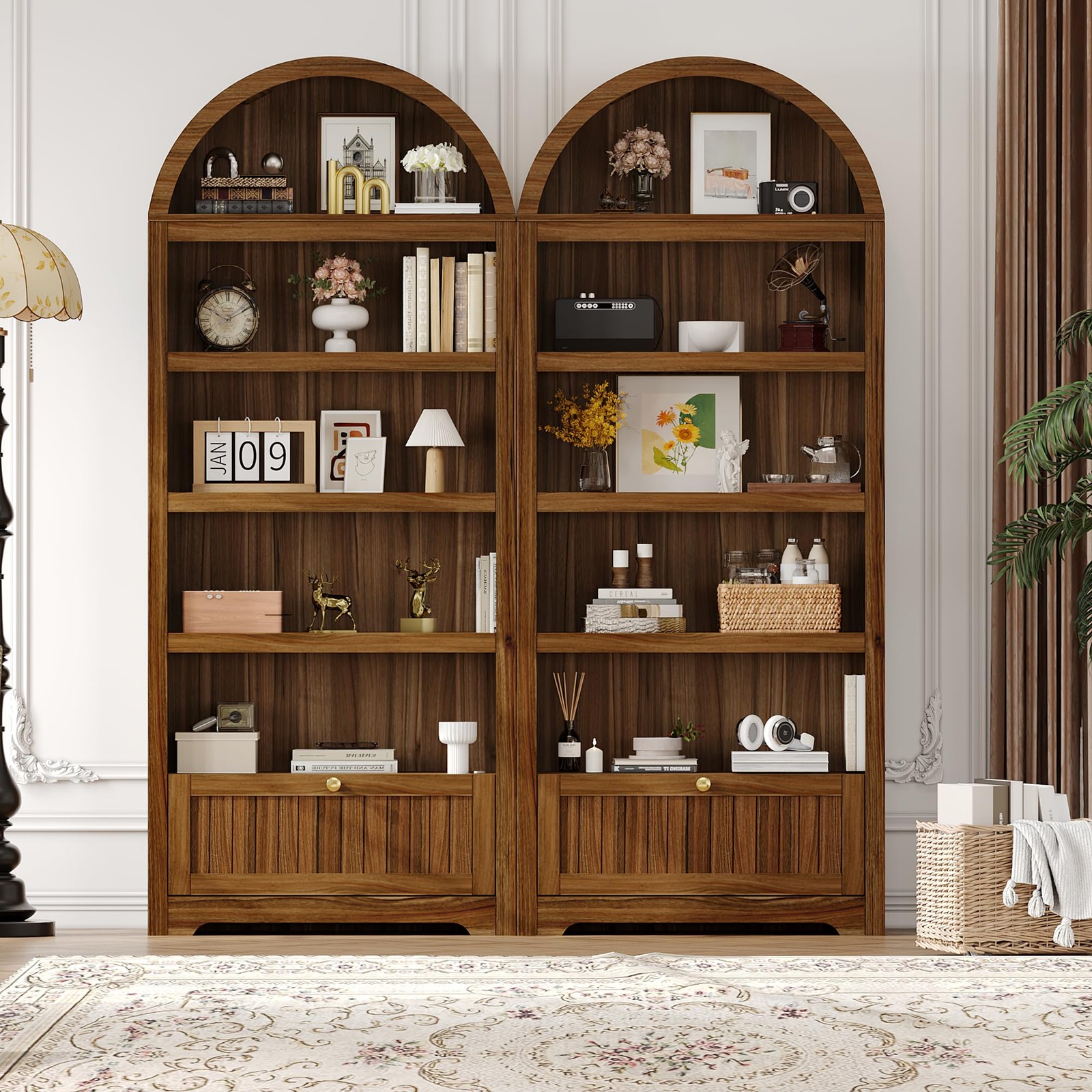 Garvee 71 in Walnut Arched Pantry Cabinet, 6-Tier Open Shelf with Drawer, Mid…