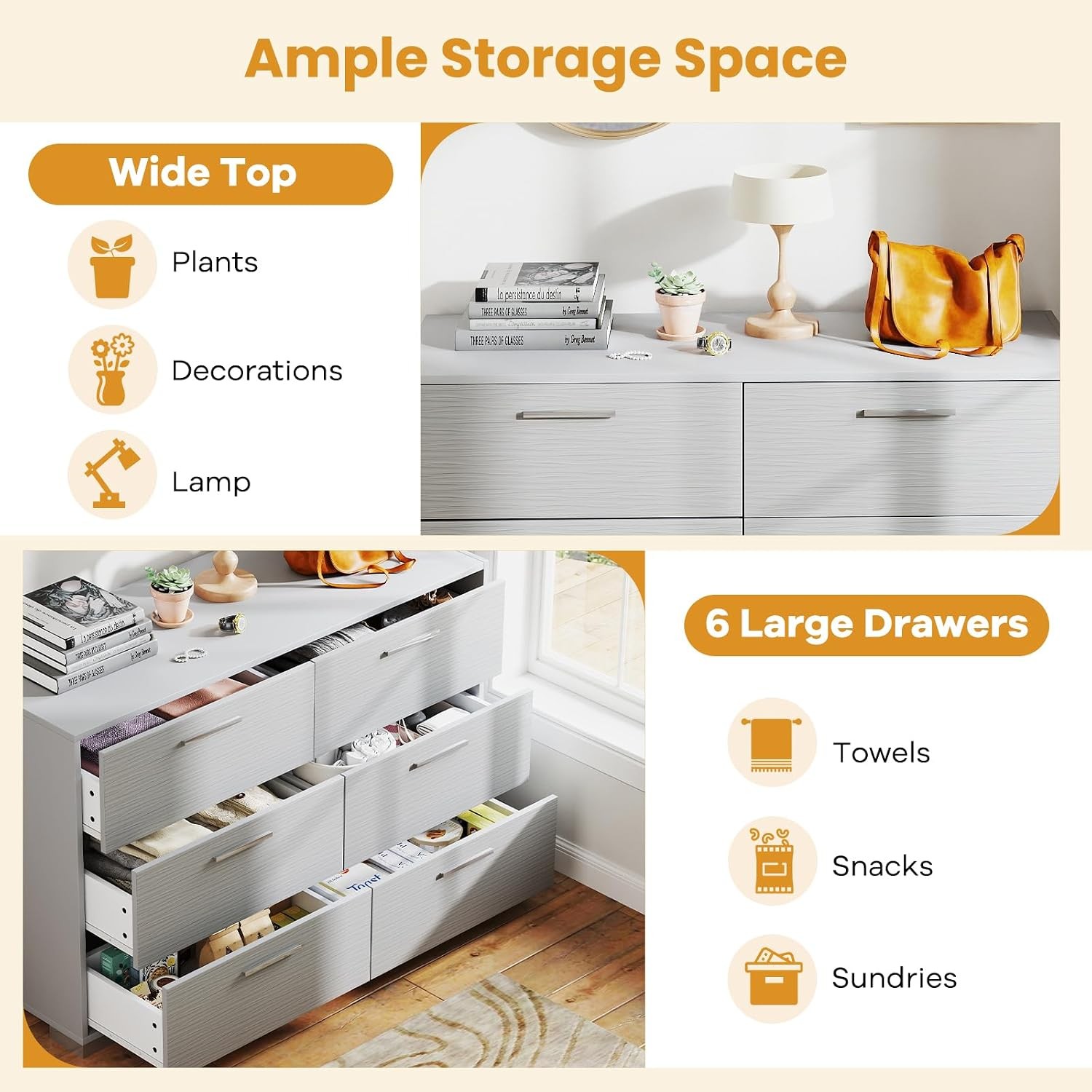 Storage Cabinet with 6 Drawers Metal Legs & Handles Anti-Toppling Devices Wide