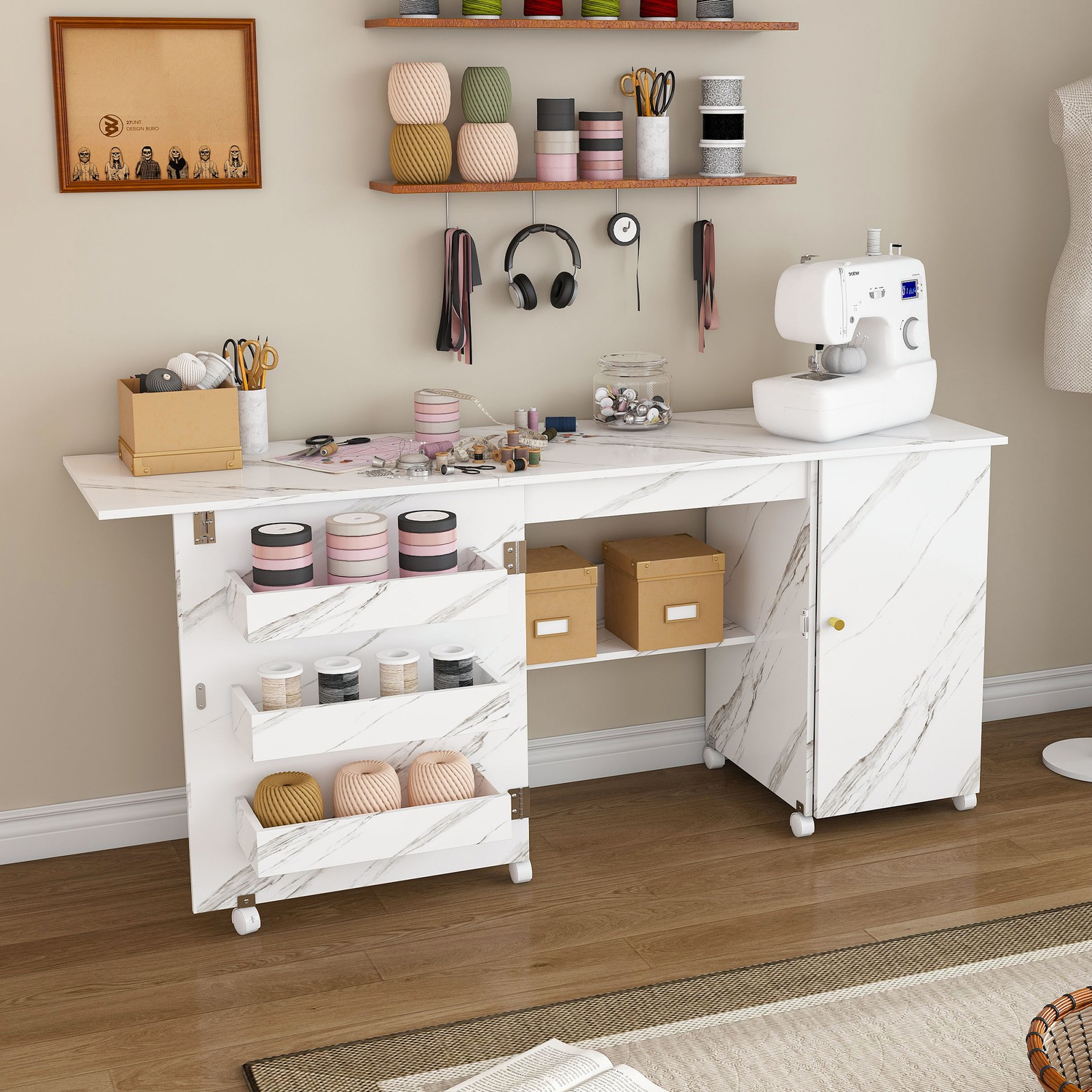 Foldable Sewing Machine Table,Adjustable Sewing Storage Cabinet with Shelves