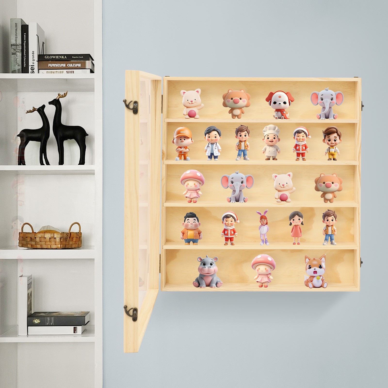 50*9*56cm Toy Display Case, 5 Tiers Wooden Display Cabinet, Wall-Mounted Cabinet