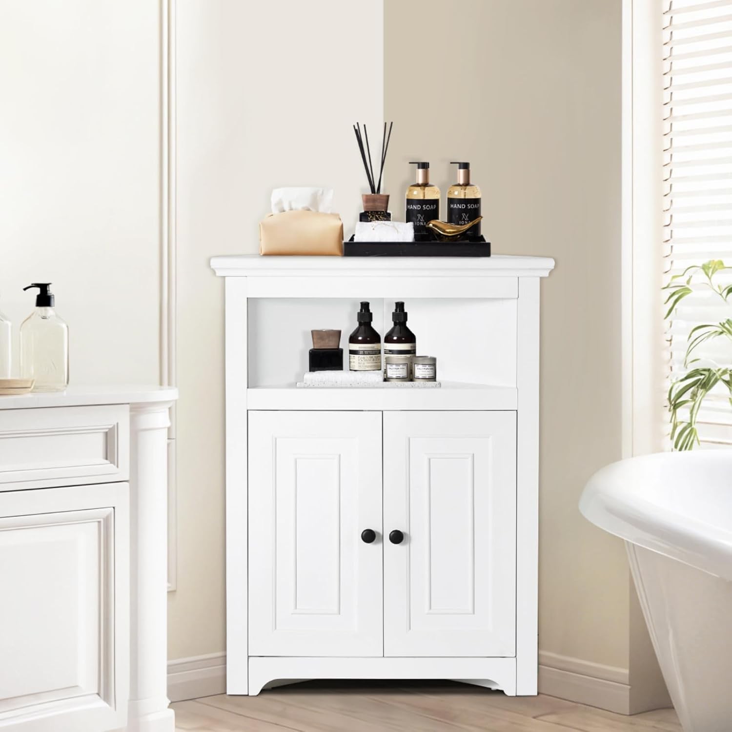 32″ Corner Storage Cabinet, 3 Tiers Small Storage Cabinet with 2 Wooden Doors