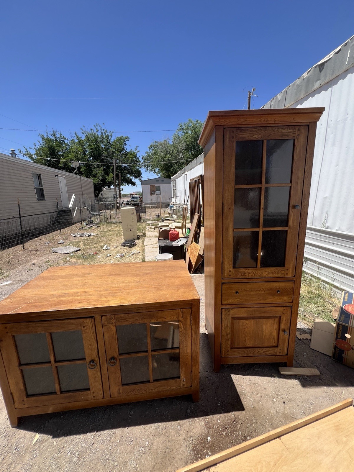 Brown Wood Glass Door Cabinet Set, Traditional, Dining or Living Room, 2 Pieces