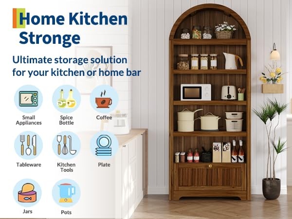 Garvee 71 in Walnut Arched Pantry Cabinet, 6-Tier Open Shelf with Drawer, Mid…