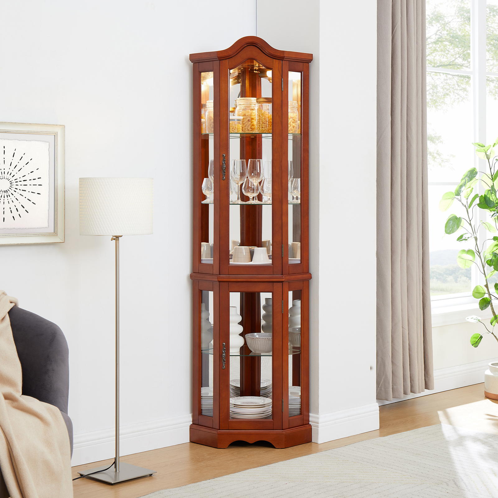 Lighted Curio Wooden Corner Cabinet w/Doors & Adjustable Tempered Glass Shelves
