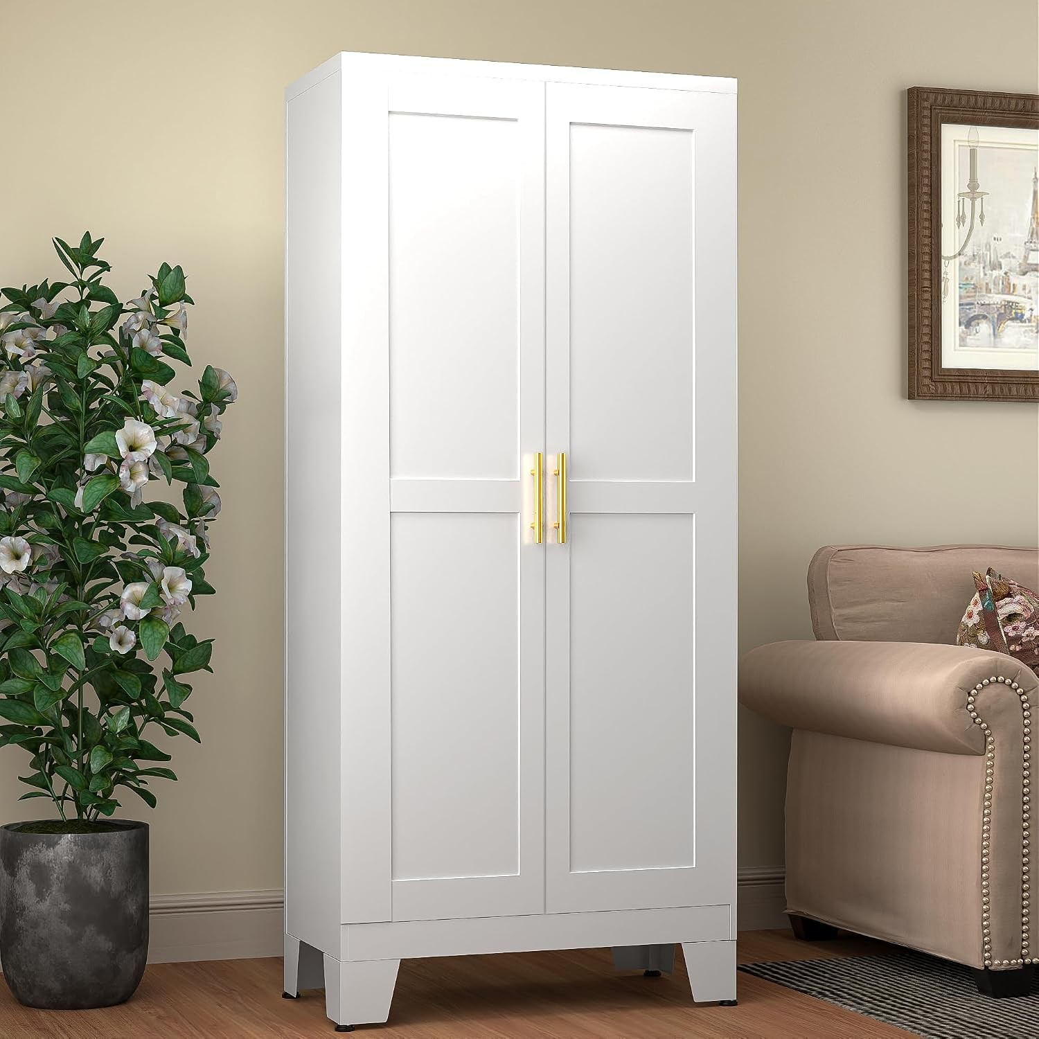 61.02″ Metal Pantry Cabinet White Kitchen Pantry Storage Cabinets