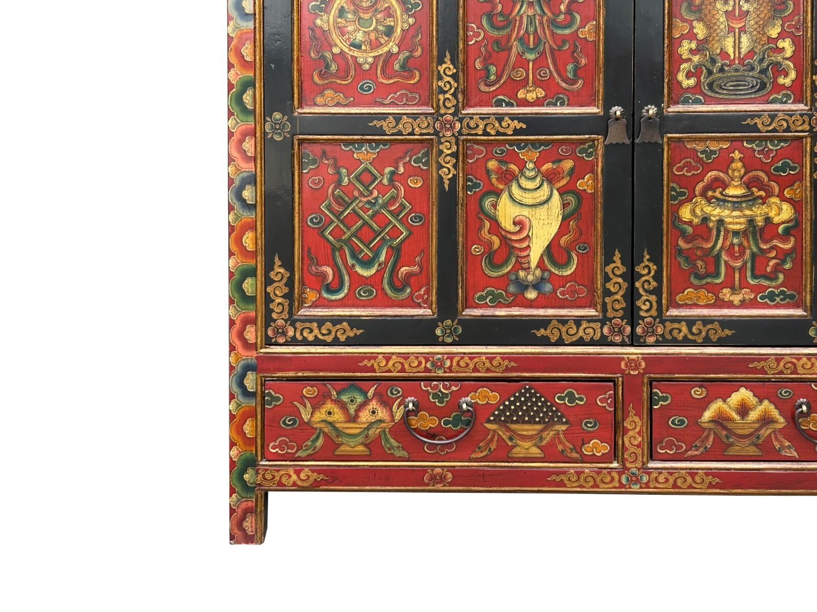 Tibetan Style 8 Auspicious Symbols Graphic Credenza Storage Cabinet ws4623