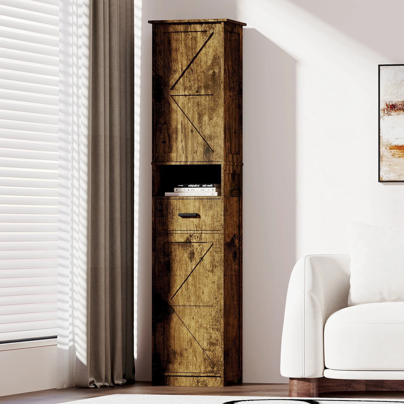 Floor Storage Cabinet, Wood Pantry Cabinet with Doors and Drawer, Freestanding