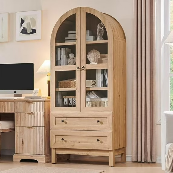 71″ Tall Arched Bookshelf w/ Glass Doors & Drawers | 4-Tier Wooden Display Cabin