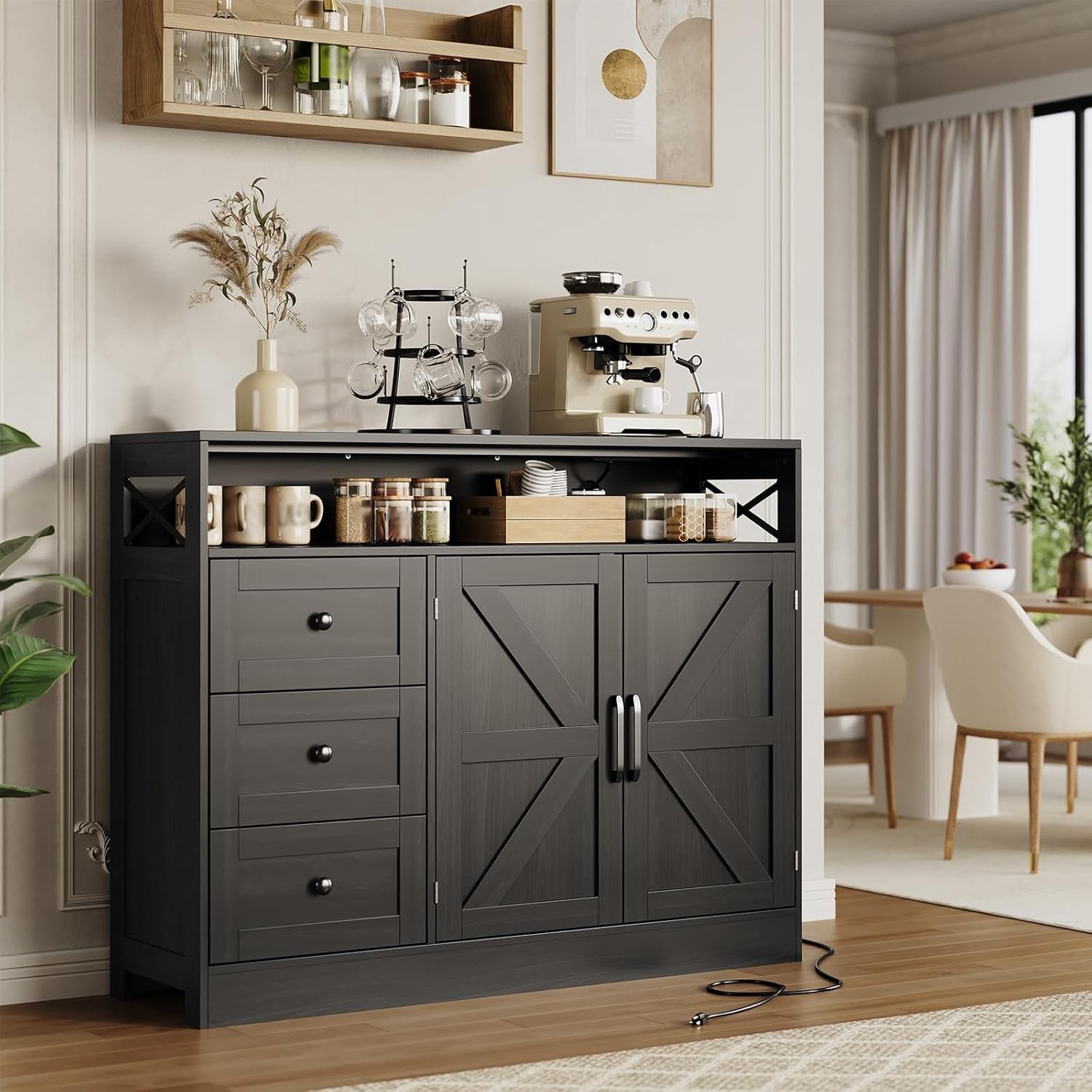 Farmhouse Kitchen Buffet 47″ w USB Ports,3 Drawers,2 Barn Doors&Adjustable Shelf