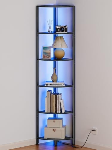 Corner Shelf with LED Light, 67.5” Tall Standing Shelf 6 Tier Black Oak