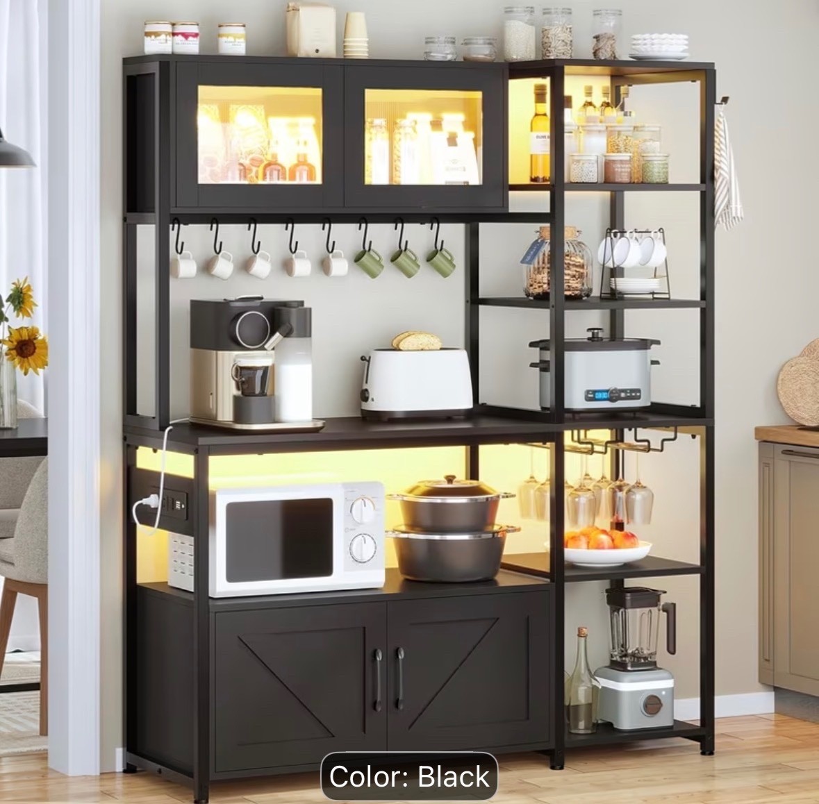 45.3″ Farmhouse Coffee Bar Cabinet,with LED Light,Storage,Glass Cabinet & 8 Hook