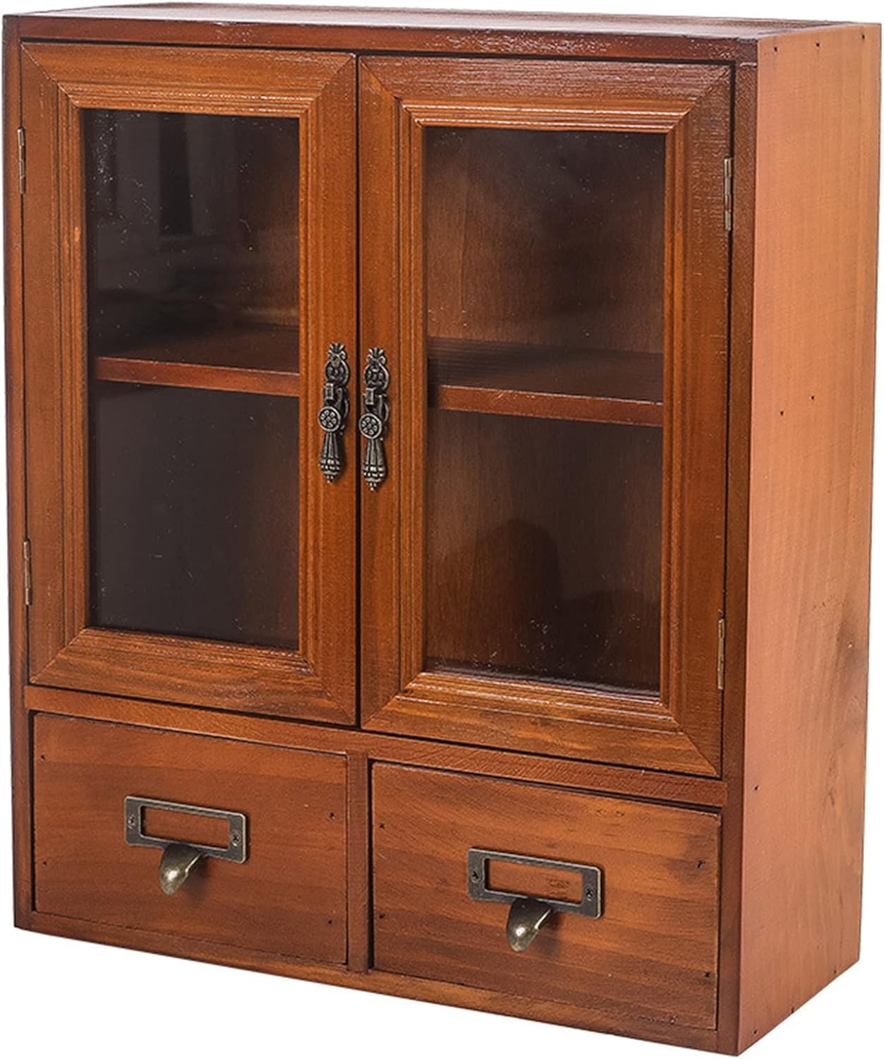 Narrow Vintage Pine Apothecary Cabinet 2 Doors 2 Drawers Brown | 12″L×4.7″W×14″H