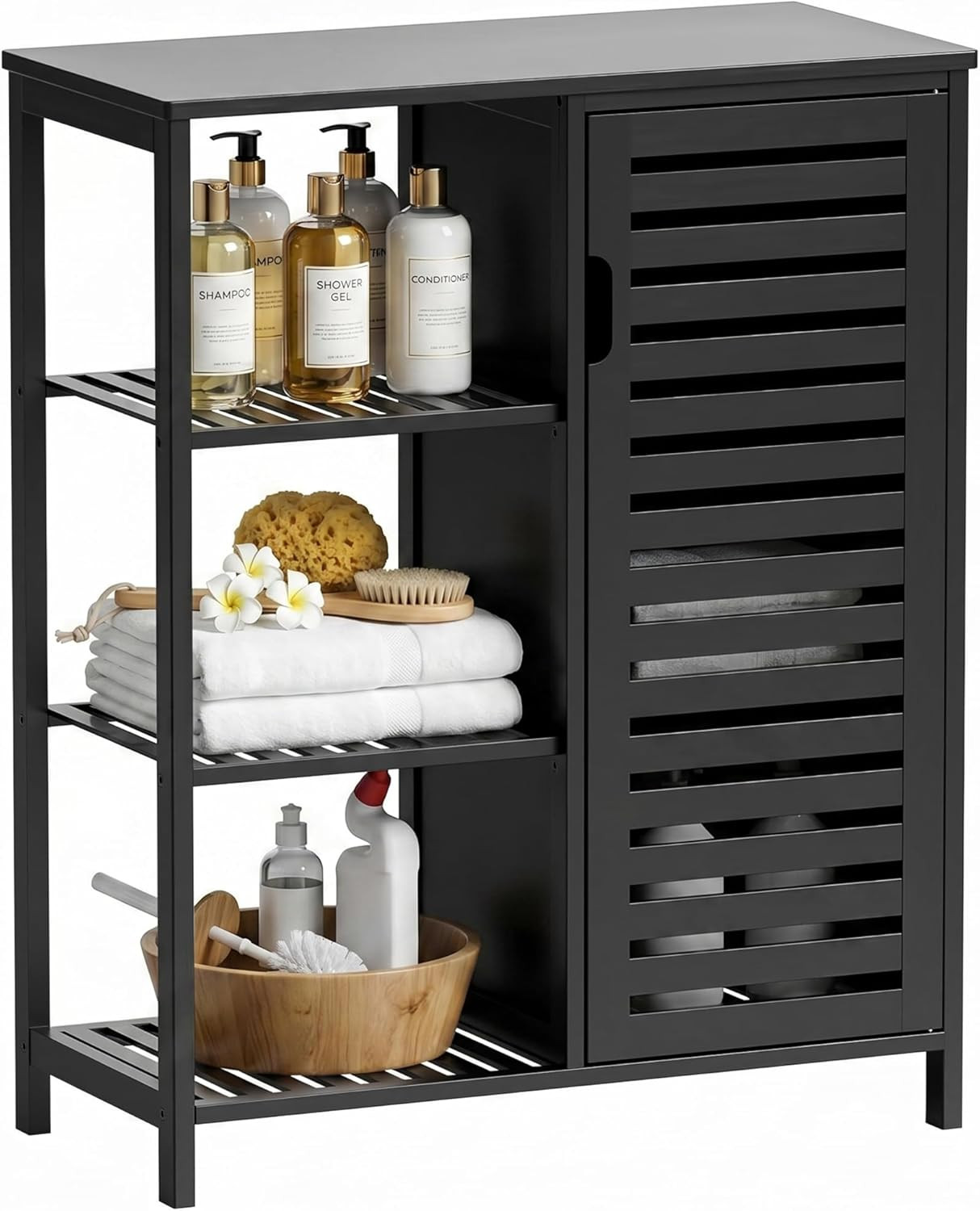 Bamboo Bathroom Storage Cabinet with Door & 3 Open Shelves – Black