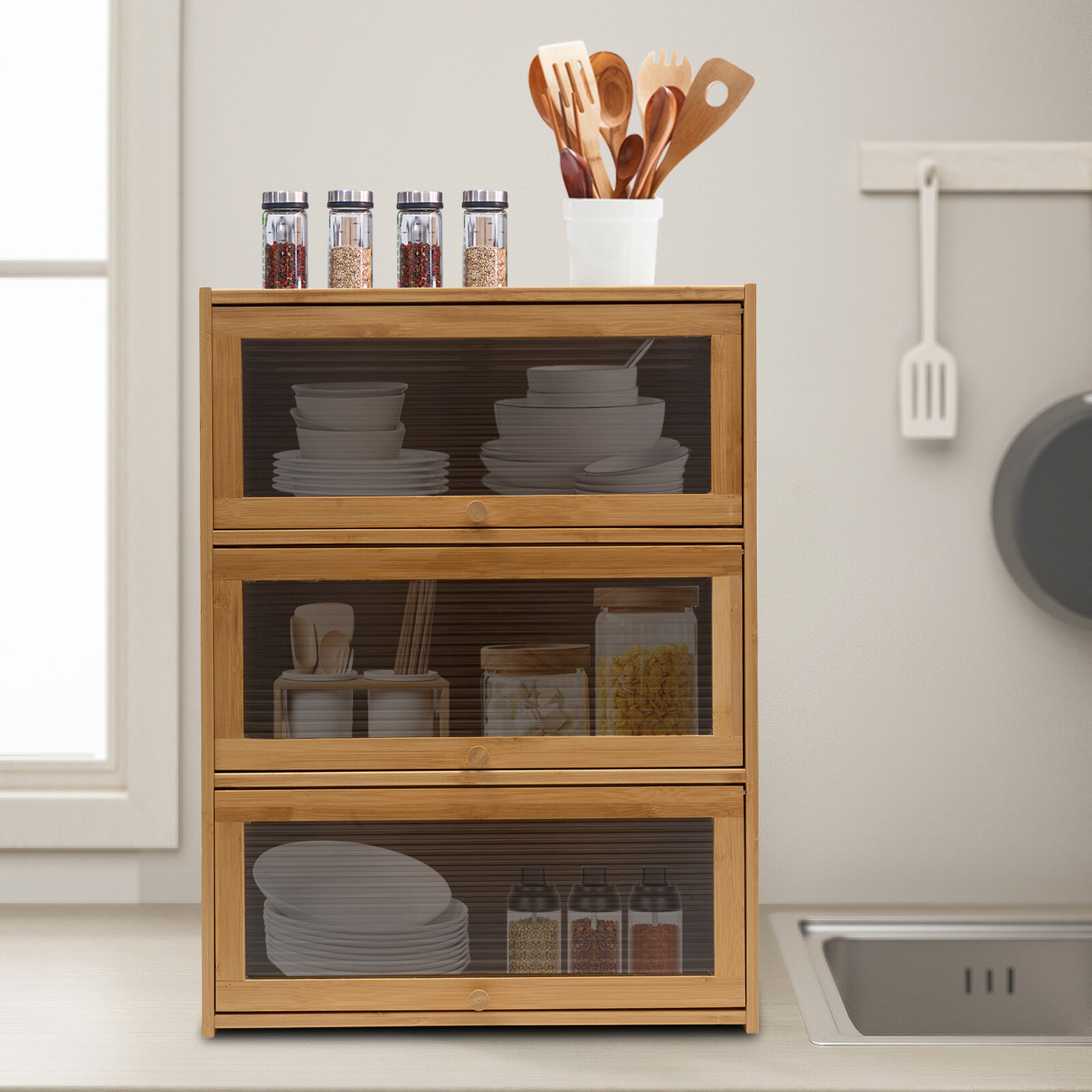 Storage Cabinet Countertop Cabinet Bamboo Organizer for Kitchen Living Room