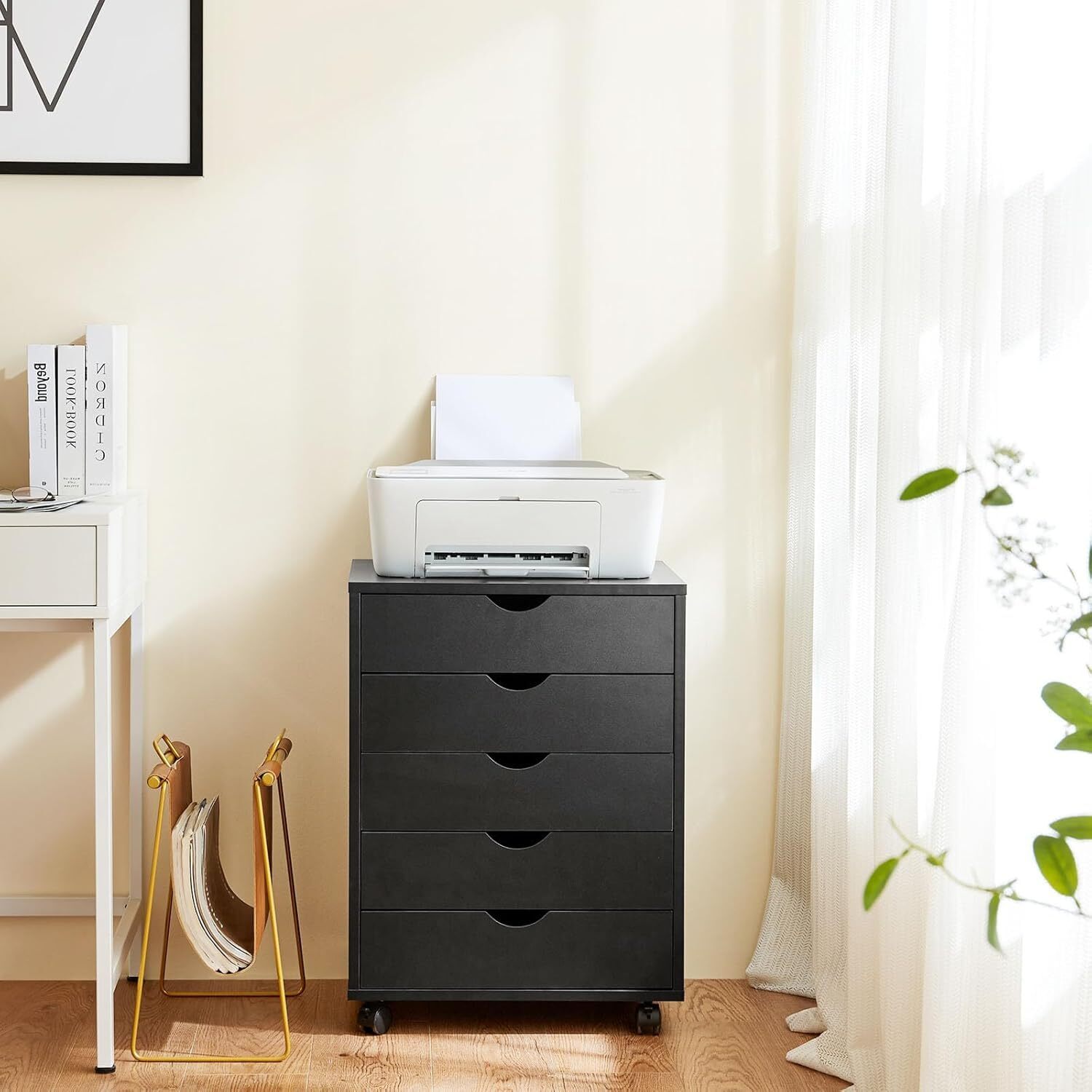 Mobile 5-Drawer Black Dresser/Chest with Wheels – Space-Saving Storage Solution