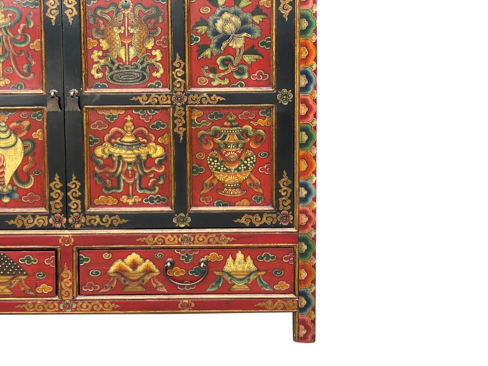 Tibetan Style 8 Auspicious Symbols Graphic Credenza Storage Cabinet ws4623