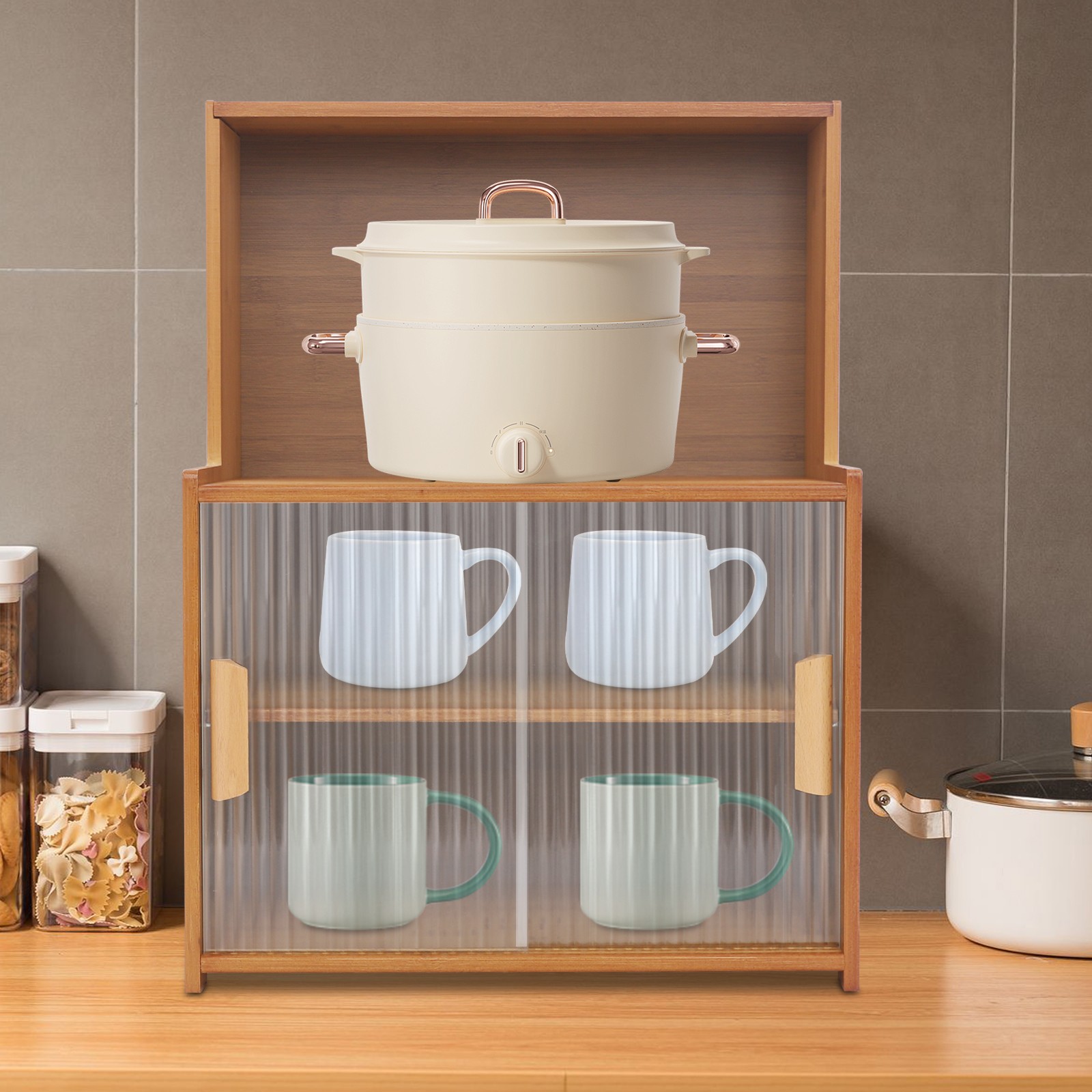 Kitchen Cabinet W/Sliding Doors Kitchen Storage Cabinet Adjustable Tier Height