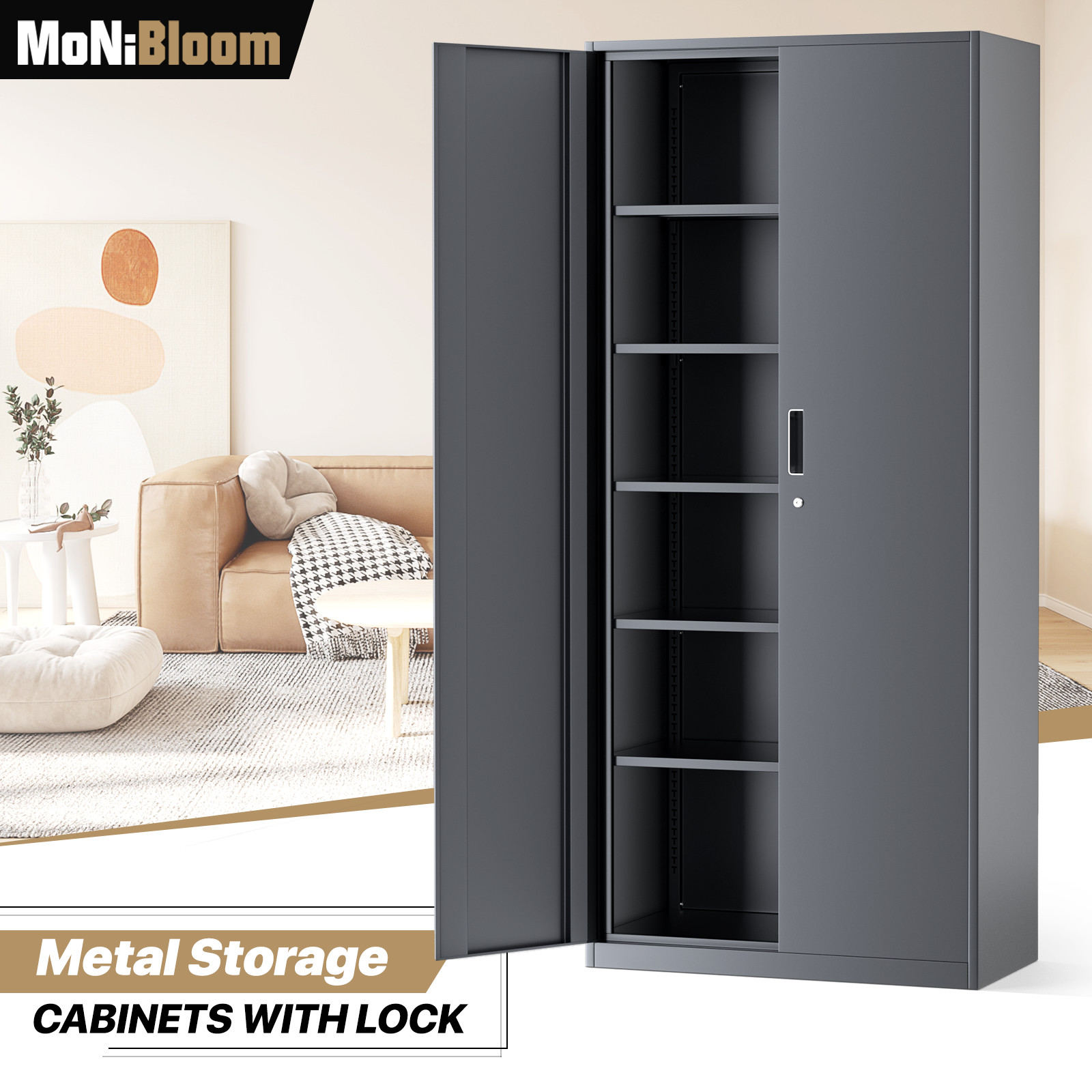 6 Tier Metal Storage Cabinet 71″Garage Cabinets 6 Adjustable Shelves w/Lock Door